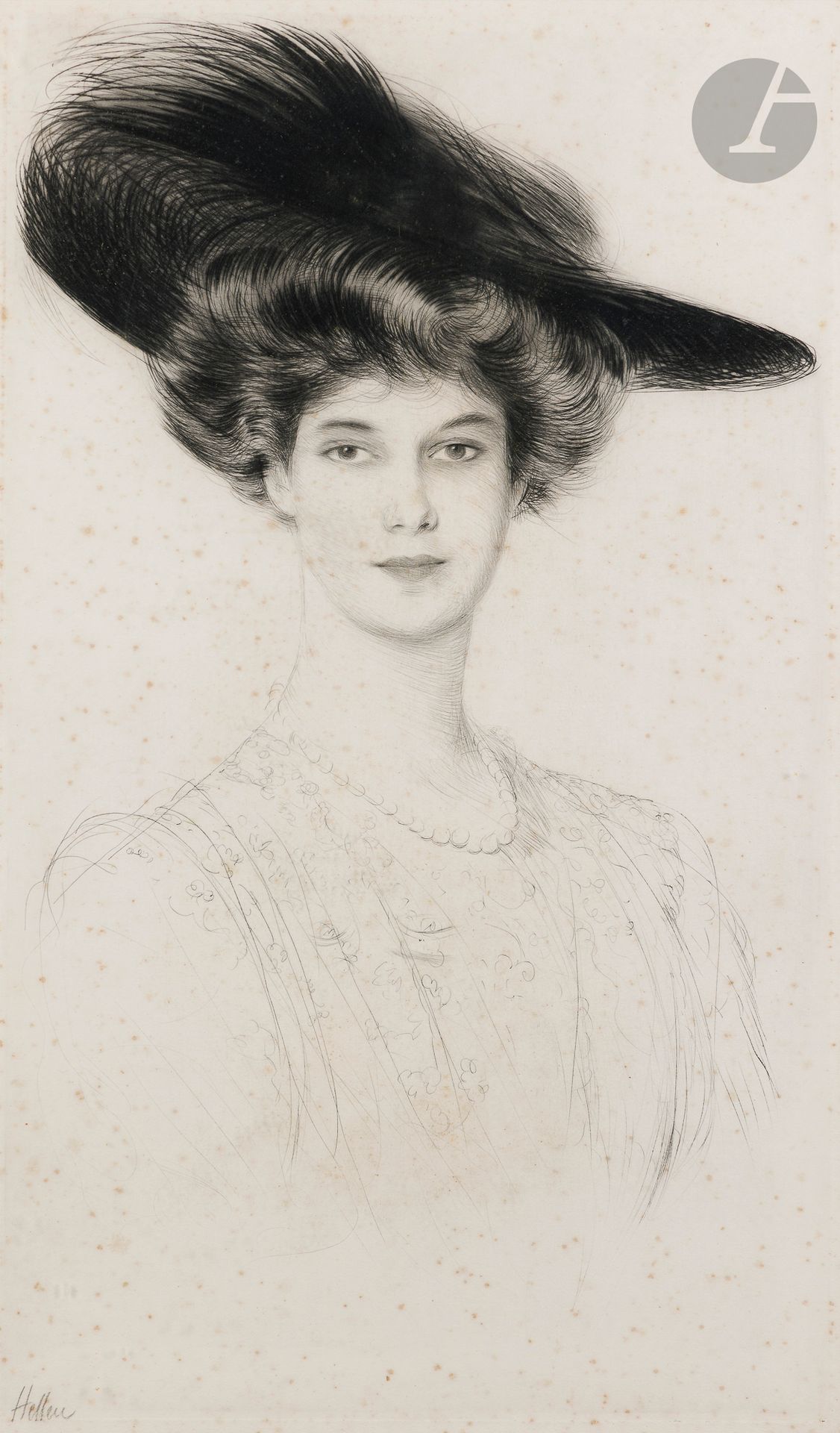 Paul-César Helleu (1859-1927)
Woman with large hat. Circa 1895-1900. Drypoint. Sight: 365x610. Fine proof on white vellum, signed in pencil. Numerous freckles. Margins. Framed.