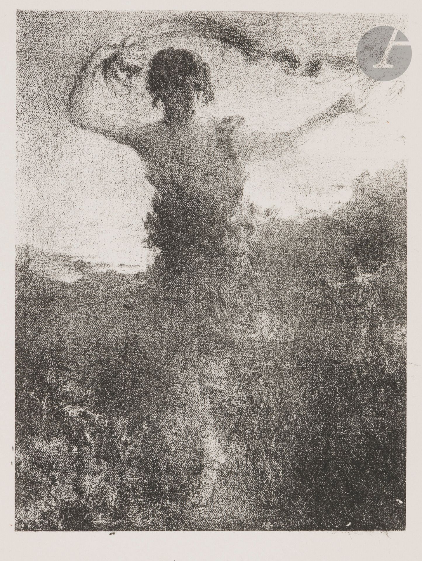 Ker-Xavier Roussel (1867-1944)
Femme marchant les bras en l’air tenant une écharpe. Vers 1930. Lithographie. 150x200. Salomon 94. Très belle épreuve sur vélin crème, annotée dans l’angle inférieur gauche «etat 1» au crayon. Infime oxydation aux bords du feuillet. Toutes marges. Rare. «Quelques épreuves connues» selon Salomon.