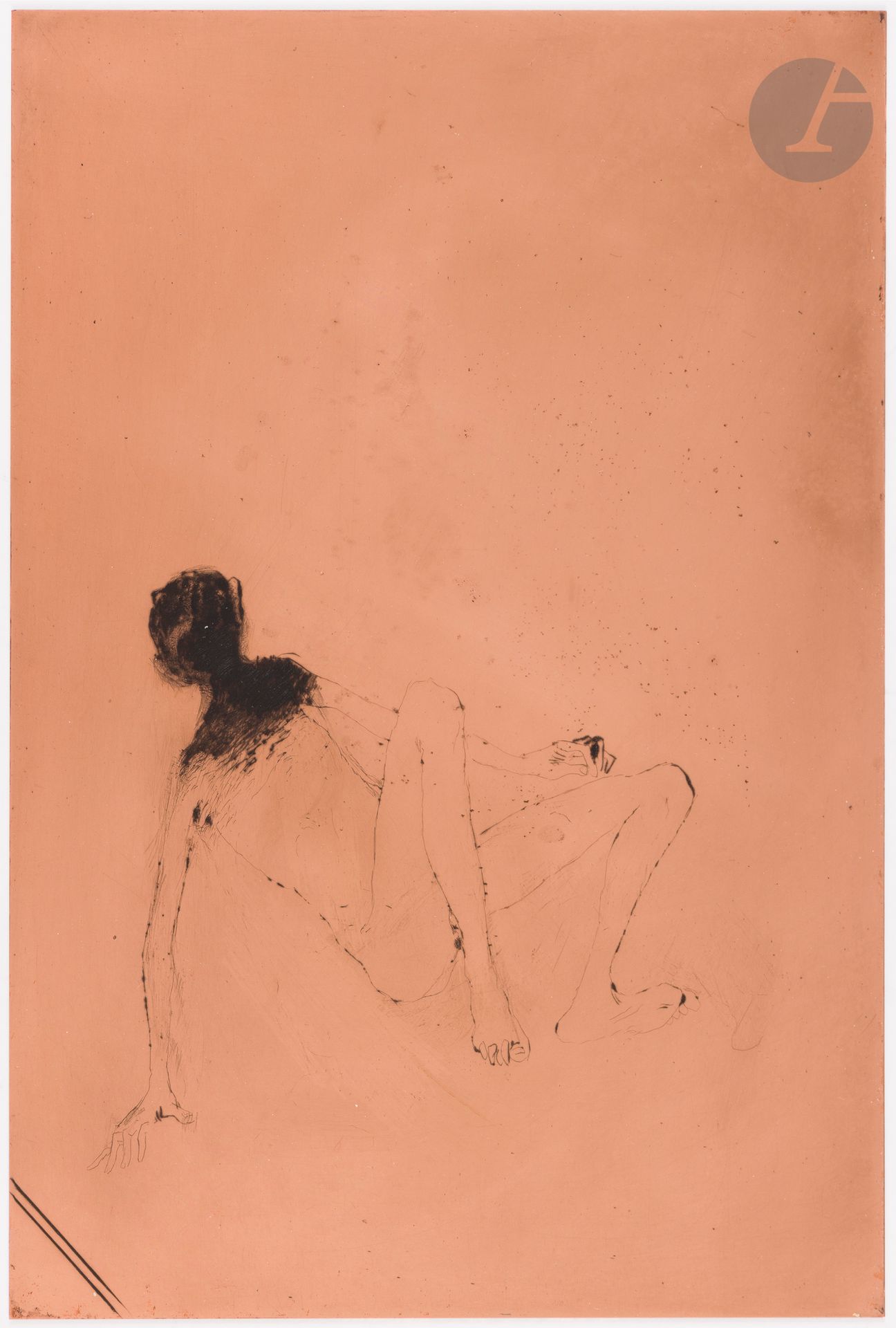 Zoran Mušič (1909-2005)
Nous ne sommes pas les derniers. 1975. Cuivre gravé à la pointe sèche. 280x380. Frélautnon décrit (proche 258, variante non décrite d’un sujet non publié). Encré et verni. Biffé de deux longs traits de burin dans l’angle inférieur gauche.

Provenance:
Atelier Leblanc, imprimeur.
