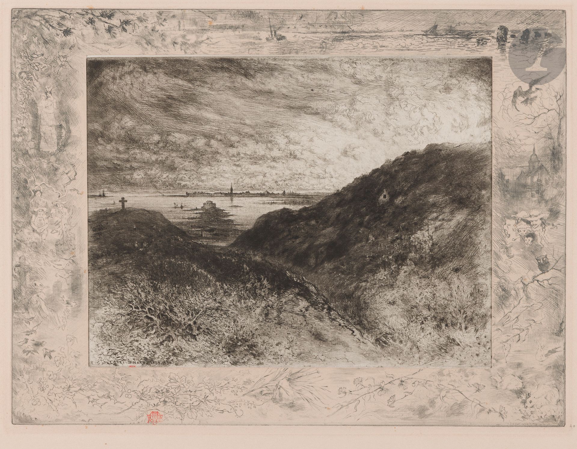 Félix Buhot (1847-1898)
La Falaise – baie de Saint-Malo, ou L’Abri – Dinard. 1889-1890.Eau-forte et pointe sèche. 400x300 (coup de planche des marges symphoniques). Bourcard-Goodfriend 165. Très belle épreuve combinant le sujet central fixé par le bord supérieur sous les marges symphoniques: le sujet en épreuve d’essai sur vergé ancien azuré, timbrée (Lugt 977), avec diverses annotations au crayon de la main de l’artiste à destination du tireur («très bon», «le trait un peu plus gras», «retroussé naturellement»), avec petits croquis explicatifs, l’angle inférieur droit coupé; les marges tirées en noir bleuté sur vélin crème fort, timbrées (L.977), avec petites rousseurs et forte bande oxydée sur le pourtour. Annotation de la main de l’artiste au crayon le long du bord inférieur gauche des marges: «épreuve sur papier azuré (la seule harmonie de ce genre que j’aie pu obtenir)/avec du bistre dans les marges». Autres annotations au crayon d’une autre main dans l’angle supérieur gauche. Petit manque dans l’angle supérieur droit. Timbre de J. H. de Bois (Lugt 733) sur le sujet et sur les marges.
