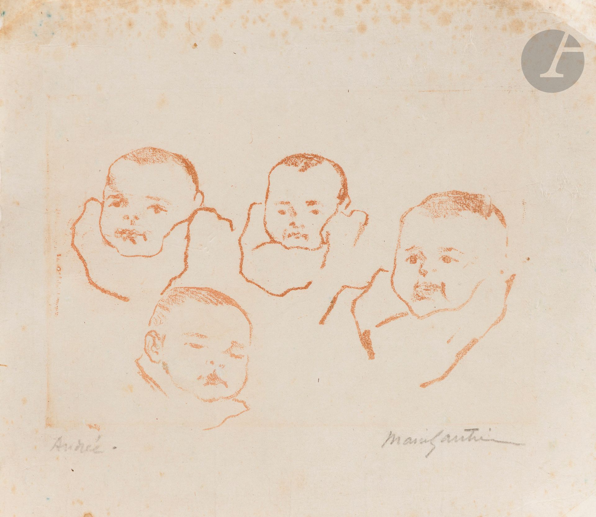 Marie Gautier (1867-1960)
Three studies of an infant's head. 1897. Soft varnish.200x160. Bistre brown print. Proof printed on a thin vellum sheet bearing a fragment (two other head studies) from another plate, signed in pencil and titled "Andrée" [daughter of the artist]. Traces of folds. Full margins. Joint: 1) same subject. Two variants, one in black on japon mince, the other in sanguine on japon vergé, carefully doubled on japon mince, with additional head study printed at the foot, titled and signed in pencil, upper corners redone. Light foxing. Full margins. 2) Young violinist. Soft varnish. [175x270]. Printed in bistre. Good proof on japon vergé, signed in pencil. Broken folds at upper left edge of folio. Small irregular margins. Set of 4 p.