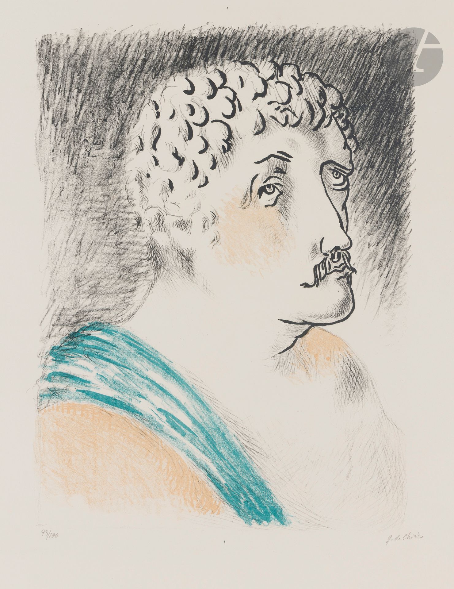 Giorgio de Chirico (1888-1978)
Hebdomeros, ou Le Dictateur. (Pl. de la suite Métamorphoses, Paris, éd. des Quatre Chemins, 1929). Lithographie. 305x410. Ciranna 13. Impression en couleurs. Parfaite épreuve sur vélin blanc, numérotée et signée au crayon. Toutes marges. Tirage à 100épreuves.