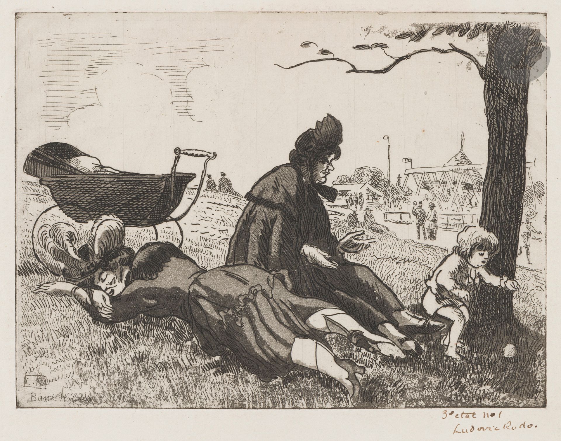 Ludovic Rodo (Ludovic-Rodolphe Pissarro, known as)(1878-1952)
Bank Holiday, Hampstead. Etching. 195x143. Fine proof on old laid paper (with pen and sepia ink in the right margin), annotated "3e etat n°1" and signed in pen and sepia ink. Slight oxidation, folds and remnants of gummed paper at the edges of the folio. A 20 mm vertical tear in the lower margin. All margins.