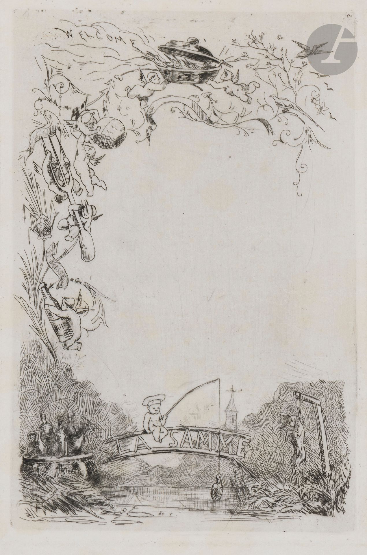Félicien Rops (1833-1898) (d’après)
La Pêche au jambon. 1878. Eau-forte par J.-F. Taelemans. 130x200. Très belle épreuve sur japon vergé mince, avant la lettre du menu. Annotation au crayon en pied: «Epreuve unique?/Menu d’un banquet donné à la Samme chez Carlier». Toutes marges. Ex-coll. Le Barbier de Tinan (Lugt 1771).

Le musée Rops de Namur conserve un exemplaire de ce menu avec le texte ajouté, à la date du 12 février 1878.