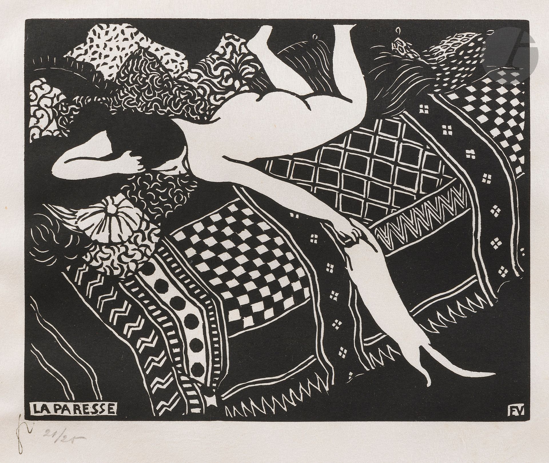 Félix Vallotton (1865-1925)
La Paresse. 1894. Bois gravé. 222x177 [310x252]. Vallotton et Goerg 169 c. Belle épreuve sur japon blanc mince, timbrée du monogramme (Lugt 1051a) et numérotée au crayon, du tirage posthume à 25 épreuves, collée par les bords sur carton, avec légère oxydation de la bande de colle. Quelques très légères traces de frottement ou petites marques d’encadreur au crayon par endroits aux bords du feuillet. Un petit point de rouille en marge inférieure. Toutes marges.