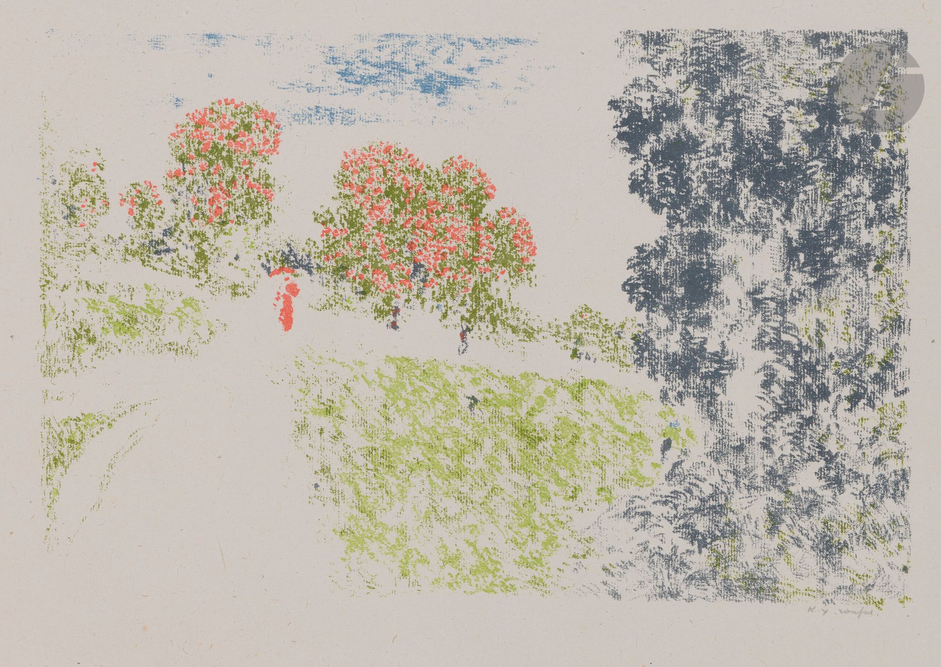Ker-Xavier Roussel (1867-1944)
Femme en rouge dans un paysage. (Pl. de la suite Paysages). 1898. Autographie. 350x235. Salomon 15; Johnson 134-2. Impression en couleurs. Très belle épreuve sur chine volant, signée au crayon. Quelques petits corps étrangers inhérents à la texture du papier et quelques rousseurs claires. Toutes marges. Tirage à 100 épreuves. A. Vollard éd.
