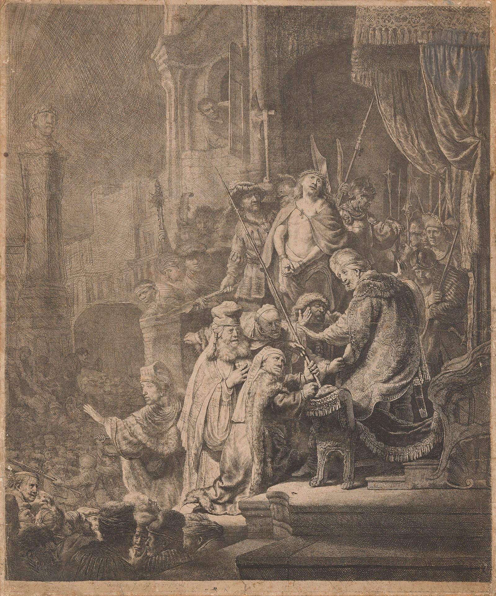 Rembrandt Harmensz. van Rijn (1606-1669)
L’Ecce Homo en hauteur, ou Le Christ devant Pilate. 1635-1636. Eau-forte et pointe sèche. 445x548. Bartsch, Hollstein 77. Épreuve sur vergé, collée en plein sur carton, oxydée, d’un tirage tardif, les fonds usés. Longue déchirure médiane. Plusieurs autres déchirures et accrocs aux bords du feuillet. Quelques petits arrachements en surface. Marges étroites (2-3mm).