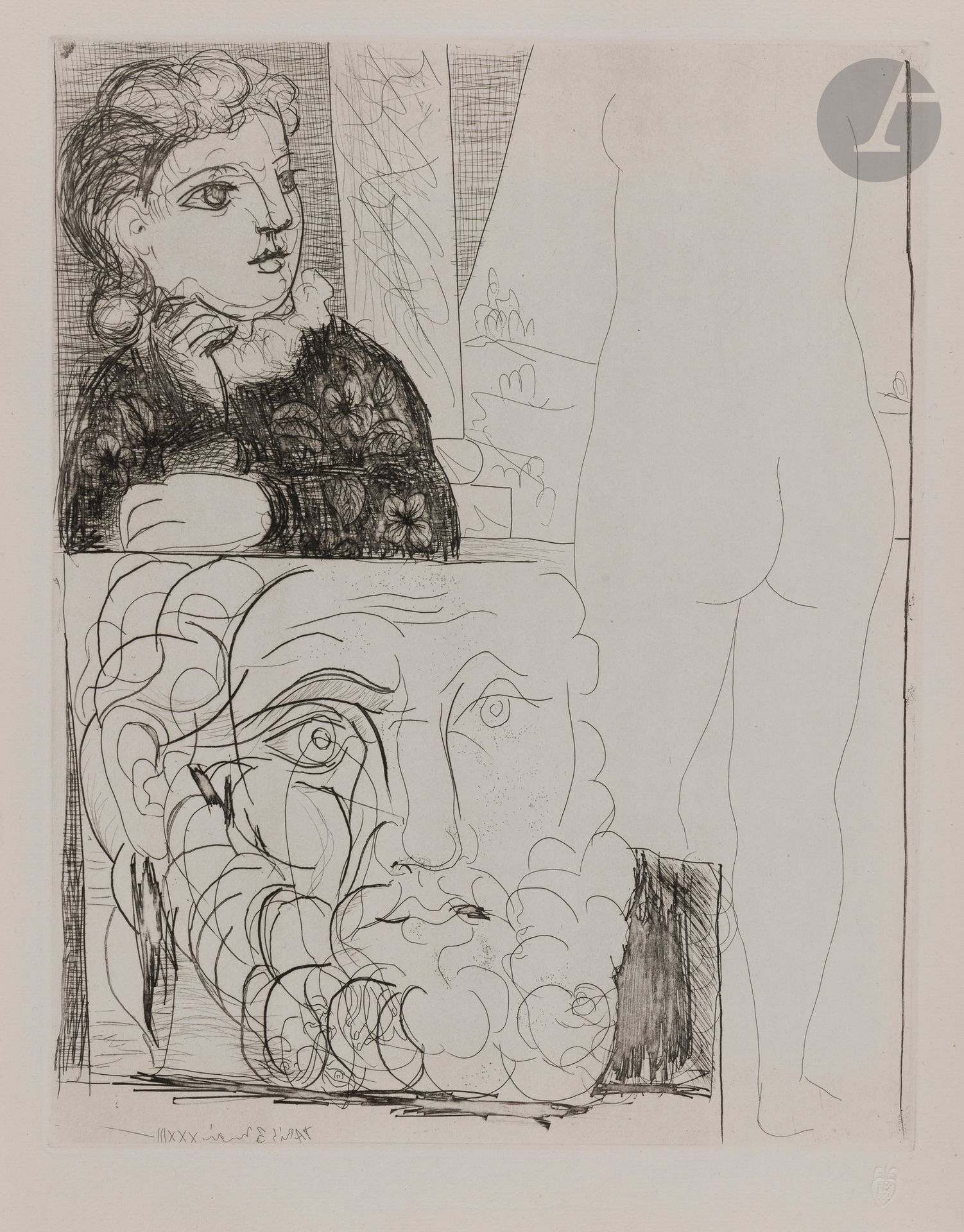 Pablo Picasso (1881-1973)
Femme accoudée, sculpture de dos et tête barbue. (Suite Vollard, pl. 71). 3 mai 1933. Eau-forte. 299x376 [337x446]. Bloch 184; Baer 343 B d. Parfaite épreuve sur vergé de Montval filigrané «Picasso», du tirage à 260 épreuves à petites marges, non signée. Toutes marges. Timbre sec: H.M.Petiet (Lugt 5462).