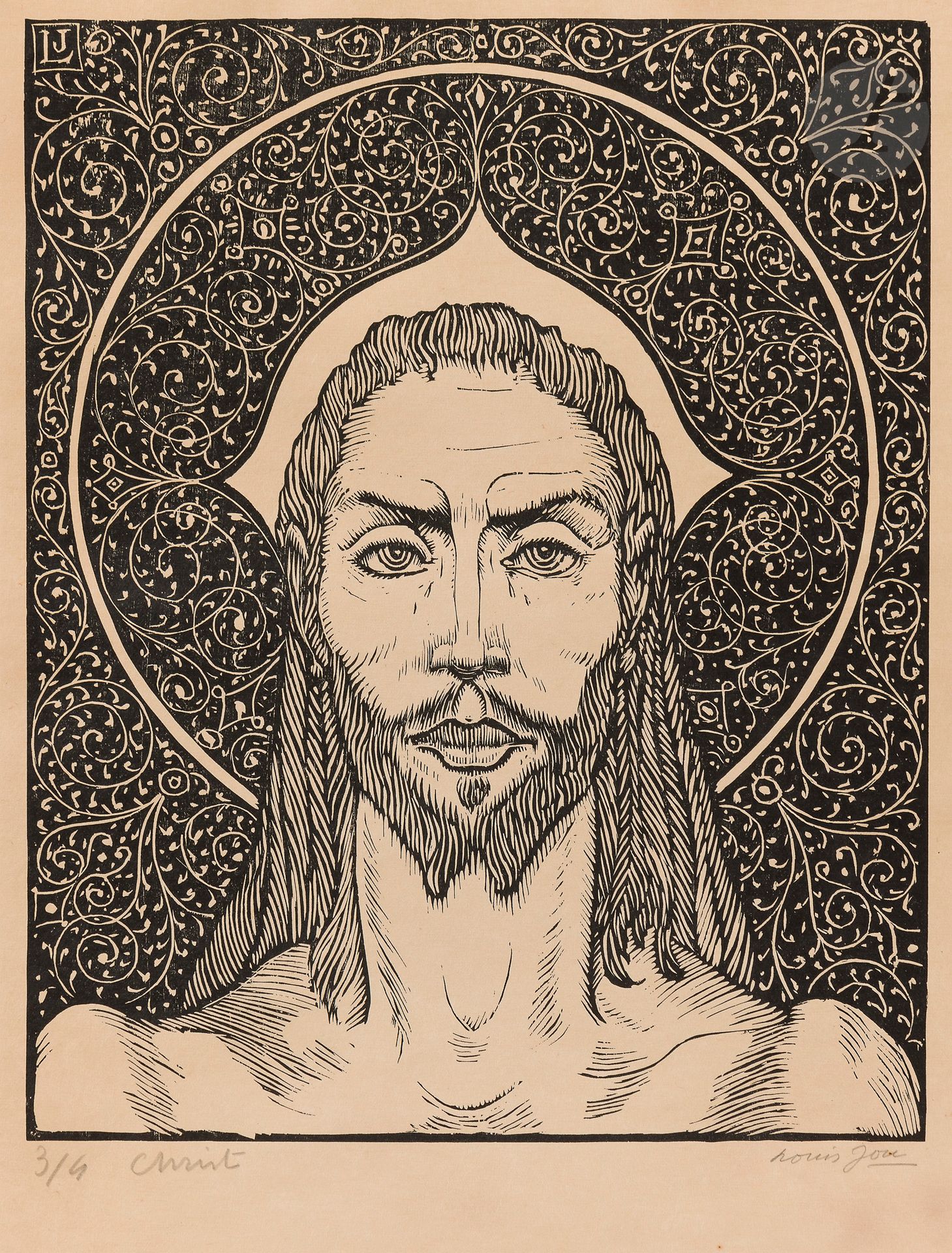 Louis Jou (1882-1968)
Christ. Vers 1910-1920. Bois gravé. 205x255. Belle épreuve sur simili-japon, numérotée, titrée et signée au crayon. Oxydation autour du sujet. Toutes marges. Tirage à 4 épreuves.