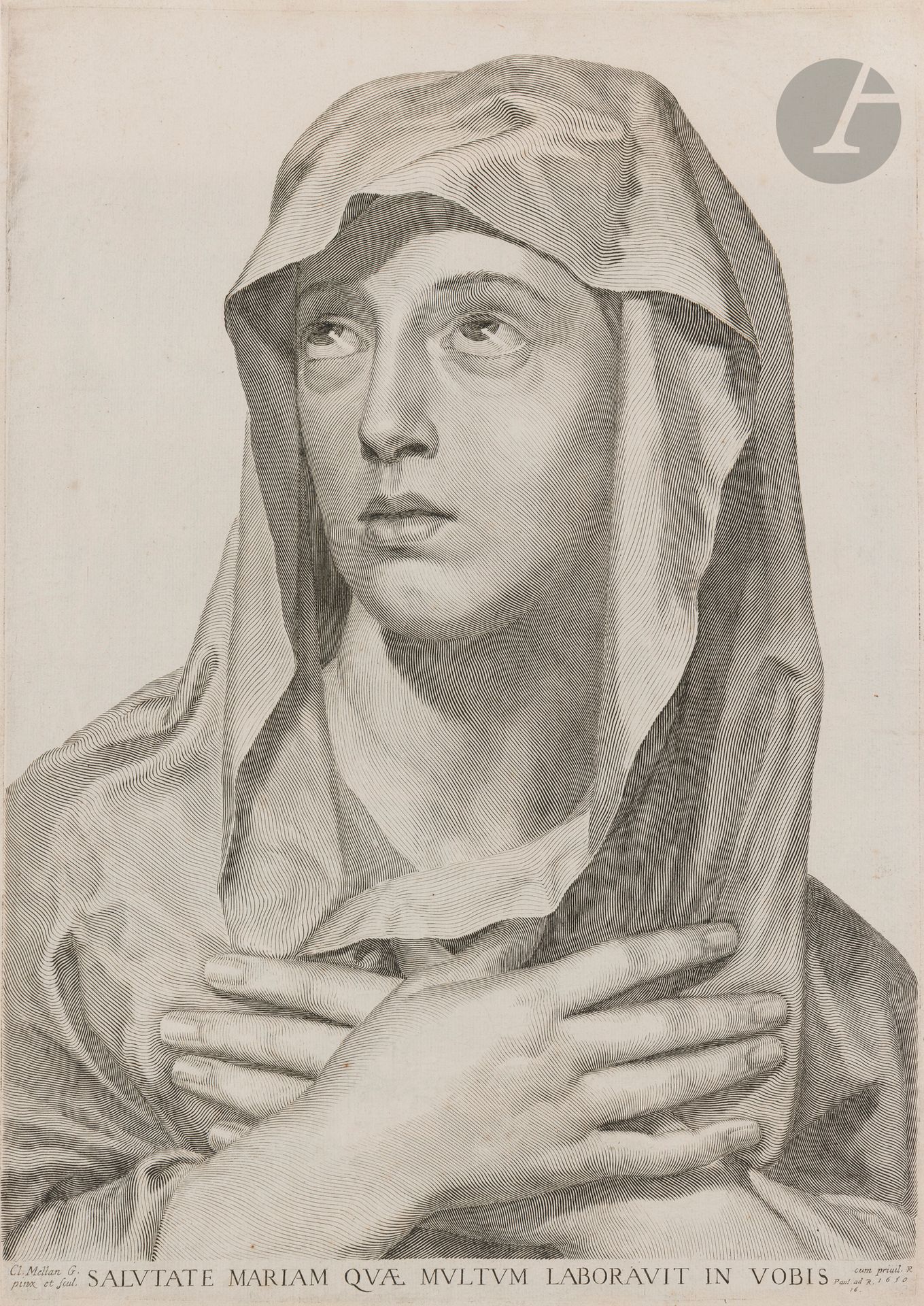 Claude Mellan (1598-1688)
La Vierge Marie. 1650. Burin. 318x435. Préaud 30. Très belle et fraîche épreuve sur vergé mince (filigrane: agneau pascal au-dessus du nom a geneste). Très légères traces de colle sur le pourtour au verso. Quelques rares rousseurs. Marges étroites. Au verso, paraphe de E.-T. Devaulx et la date «1870» à la plume et à l’encre sépia. Marges étroites.