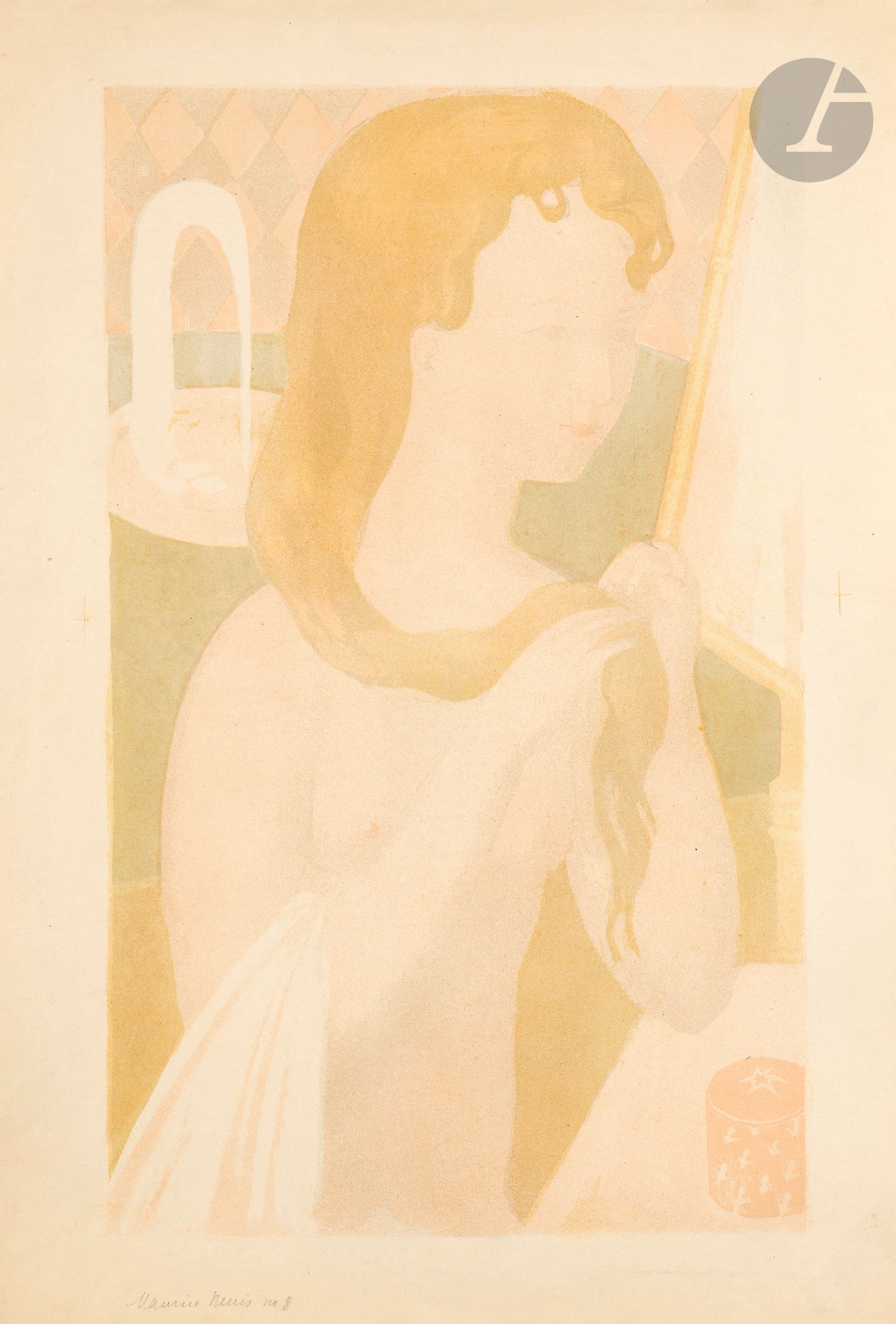 Maurice Denis (1870-1943)
Jeune fille à sa toilette, ou Jeune fille se coiffant. 1895. Lithographie. 325x530. Cailler 87; Johnson 29. Impression en couleurs. Belle épreuve sur vélin glacé, signée et numérotée au crayon. Courts plis de manipulation aux bords du feuillet. Courts plis, quelques menues déchirures et accidents en pied. Toutes marges. Tirage à 100 épreuves. A. Vollard éd.