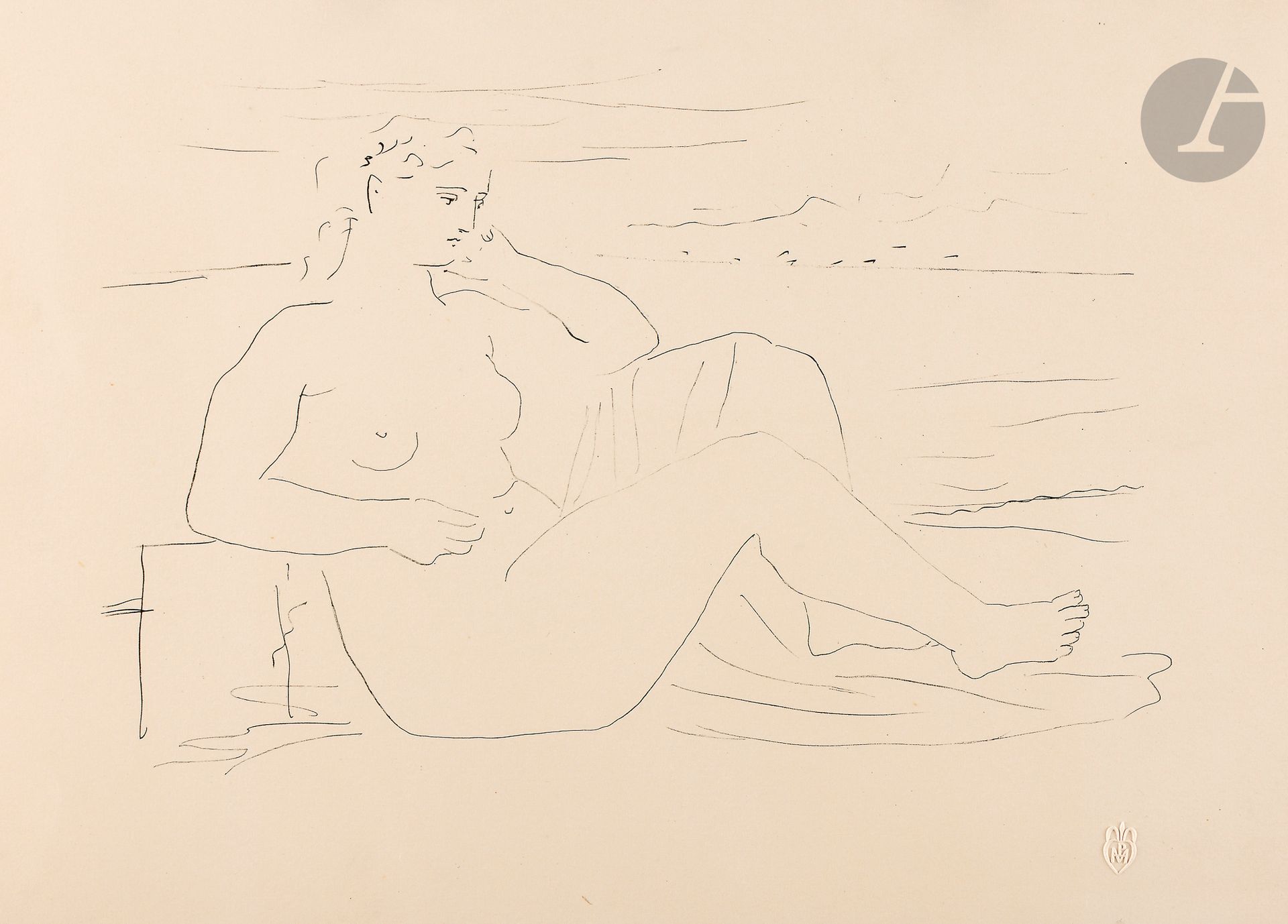 Pablo Picasso (1881-1973)
Femme au bord de la mer. 1924. Lithographie à la plume. 305x205. Geiser-Baer 237a ; Bloch 67; Mourlot XVII; Güse-Rau 17. Très belle et fraîche épreuve d’essai sur vélin fort ivoire, à part du tirage à 50 épreuves. Toutes marges non ébarbées [382x280]. Timbre sec: H.M.Petiet (Lugt 5462).