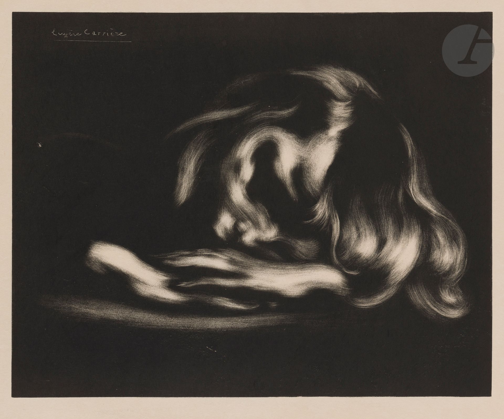 Eugène Carrière (1849-1906)
Le Sommeil (Jean-René Carrière). 1897. Lithographie. 433x340. Delteil 36 ; Johnson 21. Très belle épreuve d’essai sur japon vergé. Quelques points blancs (défauts d’encrage) dans le fond noir. Légère oxydation et rousseurs claires aux bords du feuillet. Toutes marges non ébarbées. Tirage définitif à 100 épreuves (sur chine appliqué). A. Vollard éditeur.