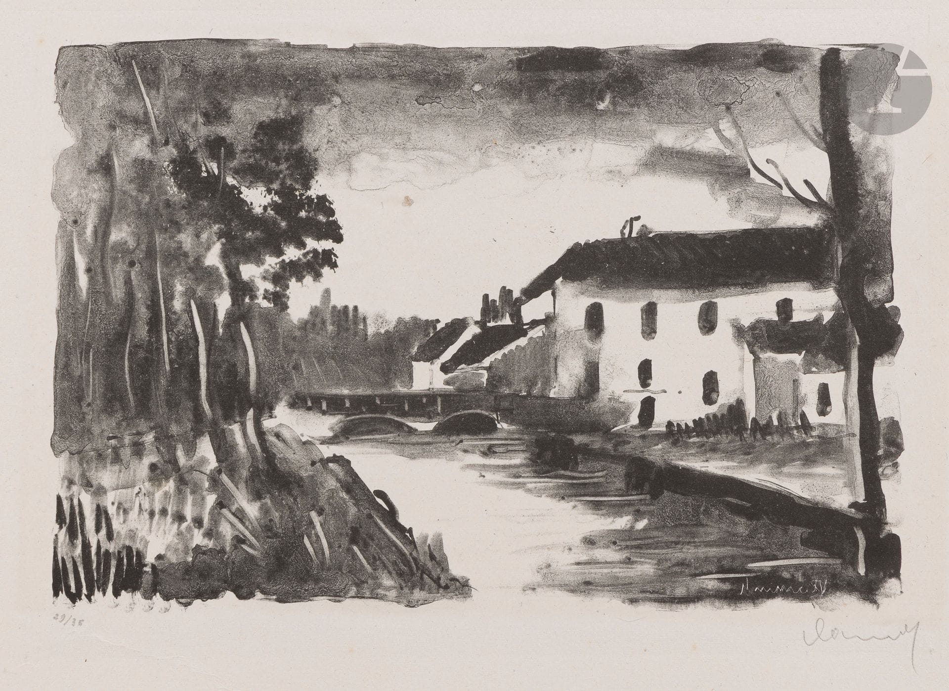 Maurice de Vlaminck (1876-1958)
Le Moulin de la Naze. 1926. Lithographie. 260x175. Walterskirchen 181. Très belle épreuve sur chine volant, numérotée et signée au crayon. Toutes marges. Timbre: Ed. Frapier (Lugt2921d). Timbre sec: Galerie des Peintres-Graveurs (Lugt 1057b).