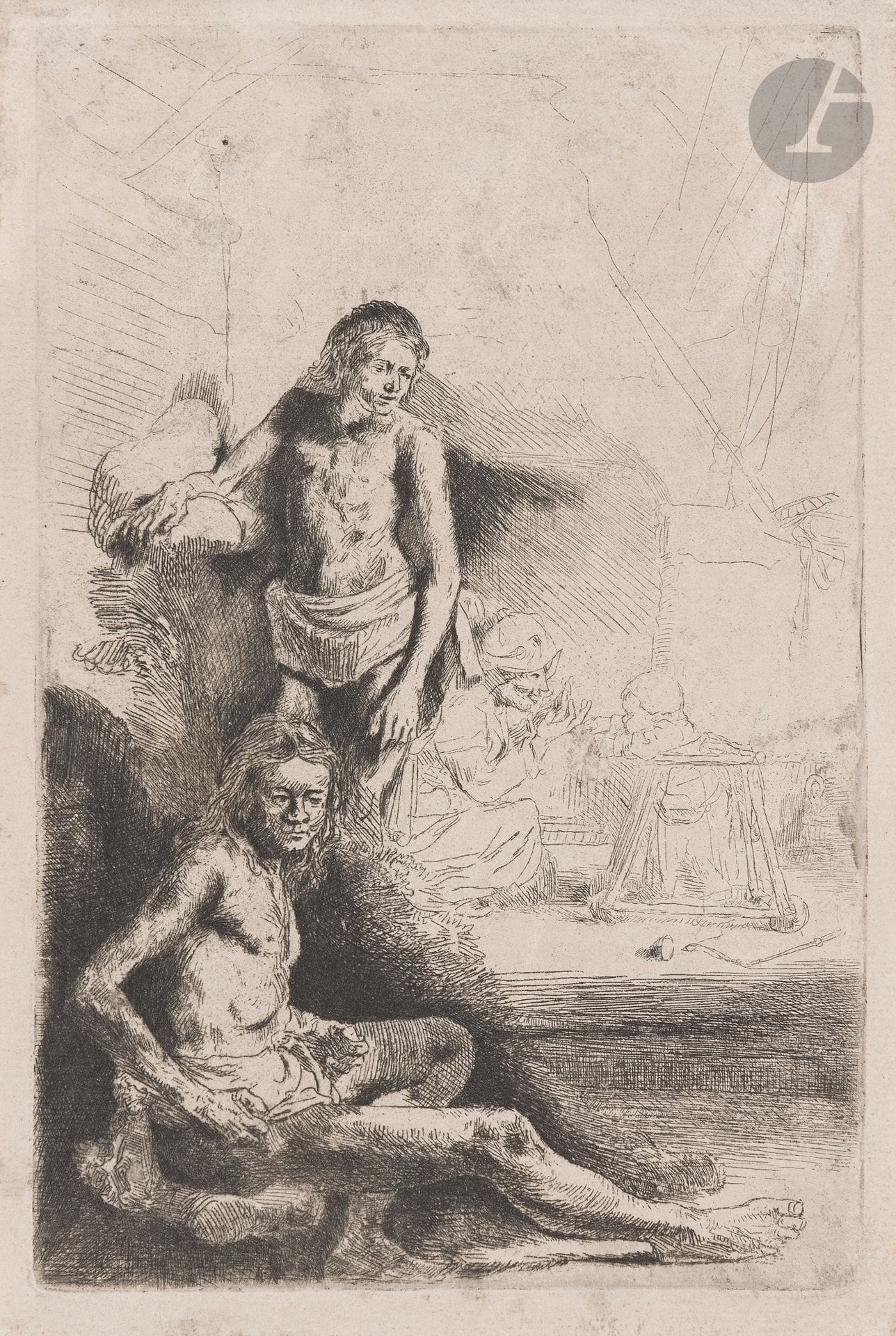 Rembrandt Harmensz. van Rijn (1606-1669)
Figures académiques d’hommes. Vers 1646. Eau-forte et pointe sèche. 124x190. Bartsch, Hollstein 194. Bonne épreuve sur vergé gris, d’un tirage du XIXe (Bernard), avec les lignes horizontales dans le blanc du coussin et de nombreux travaux poussant le sujet au noir. Empoussiérage. Traces de colle en tête au verso. Petites marges (5-7mm).