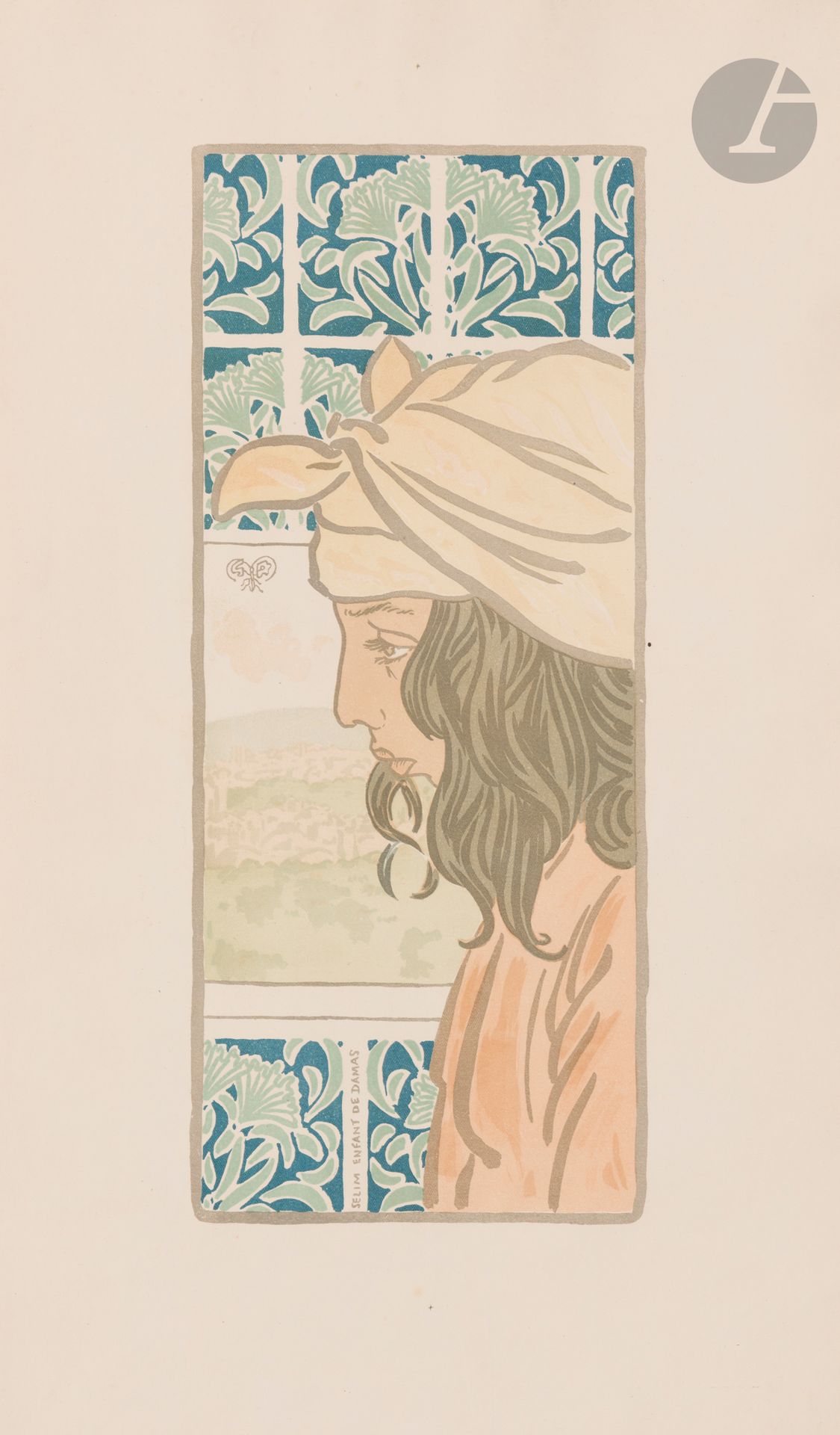 George Auriol (Jean Georges Huyot, dit) (1863-1938)
Selim, enfant de Damas. 1897. Lithographie. 150x355. Leroy-Crèvecœur 13; Johnson 4. Impression en couleurs. Belle épreuve sur vélin ivoire. Légères ondulations ou traces de plis aux bords du feuillet (notamment deux plis verticaux parallèles au centre de la marge inférieure). Courte déchirure en tête. Belles marges. Tirage à 65 épreuves. A. Vollard éd.
