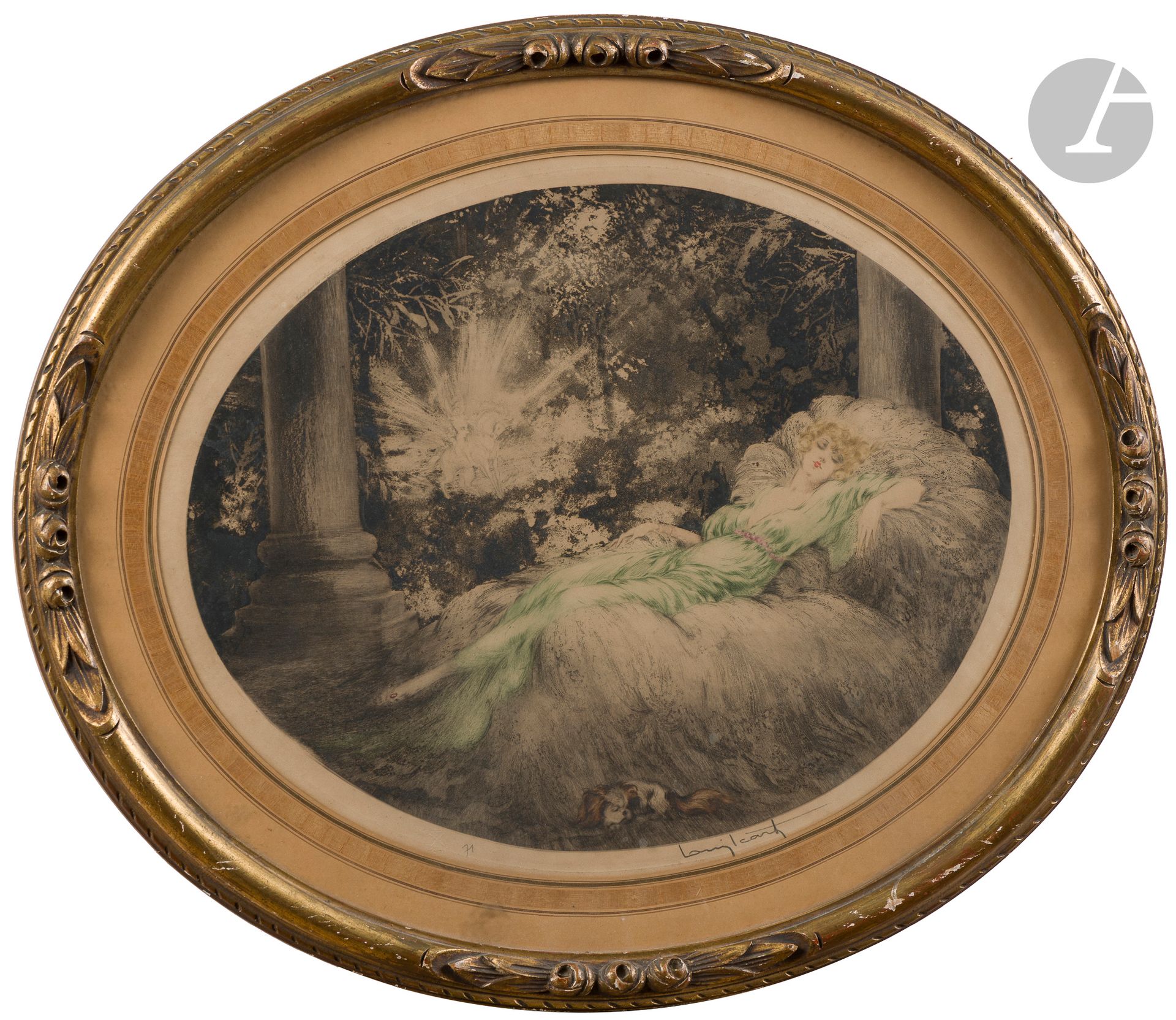 Louis Icart (1888-1950)
La Belle au bois dormant. 1927. Pointe sèche et aquatinte. À vue: 495x400. Holland et al. 323. Impression en couleurs. Belle épreuve sur vélin, numérotée et signée au crayon, fortement insolée. Marges. Timbre secde l’artiste (Lugt non décrit). Cadre.