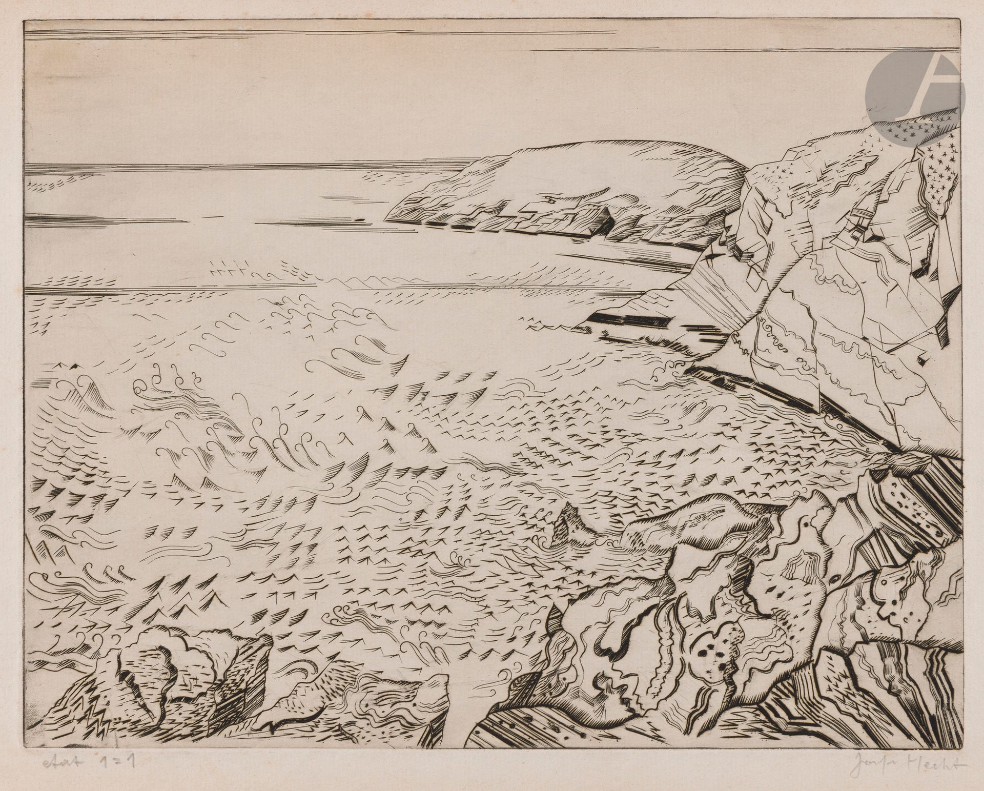 Joseph Hecht (1891-1951)
Pl. for the album Île des Cormorans. 1938-1939. Burin. 305x235. Plumart and Tonneau-Ryckelynck 320. Fine proof on laid paper, annotated "état 1/1" and signed in pencil. Light foxing. Full margins. Final edition of 35 proofs.