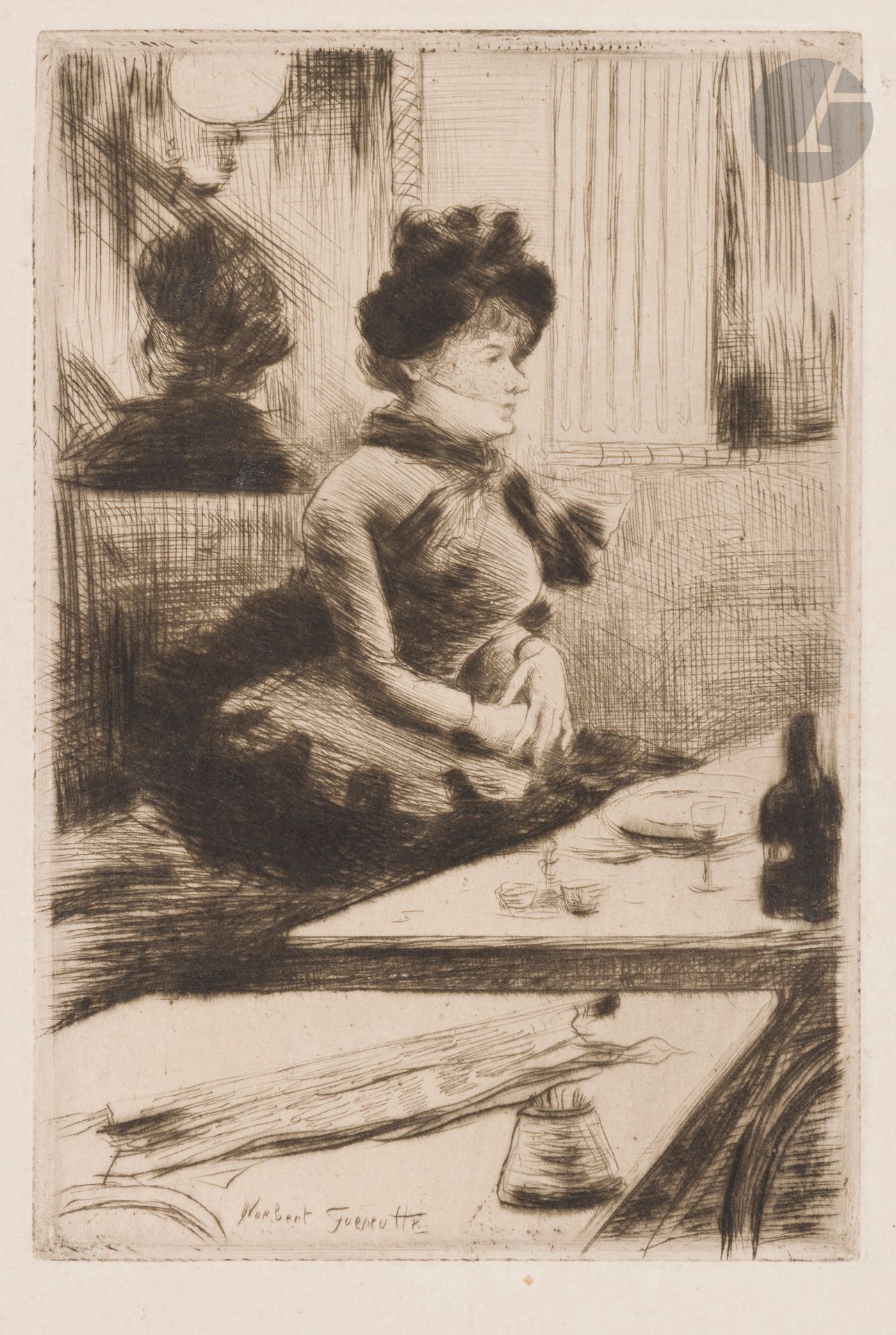 Norbert Goeneutte(1854-1894)
Sujets divers (Fantaisie; Au café; La Tête de Flandres à Anvers ; La Seine à Quillebeuf; Venise, sur le Rialto, croquis). Vers 1880-1890. Eau-forte; pointe sèche. Formats divers. Duvivier 36, 46, 127, 158, 166. Belles épreuves sur vergé ivoire, 2 timbrées (Lugt 1182), la 1relavée, avec inscription au stylo-bille dans l’angle inférieur droit. Menues salissures ou traces d’oxydation. Toutes marges. Ens. 5 p.