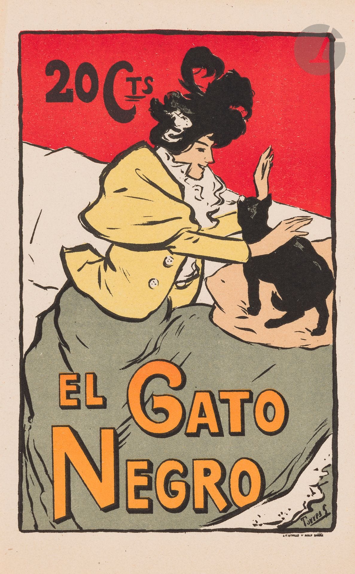Joaquín Torres García (Uruguayan, 1874-1949)
El Gato Negro. Interior poster. 1898. Lithograph. [132x215]. Printed in color. Very fine proof on thin vellum. Tiny tear at foot. Full margins. Very rare.

Poster advertising the short-lived magazine El Gato Negro, inspired by the Chat Noir of Montmartre and the Barcelona cabaret Els Quatre Gats.