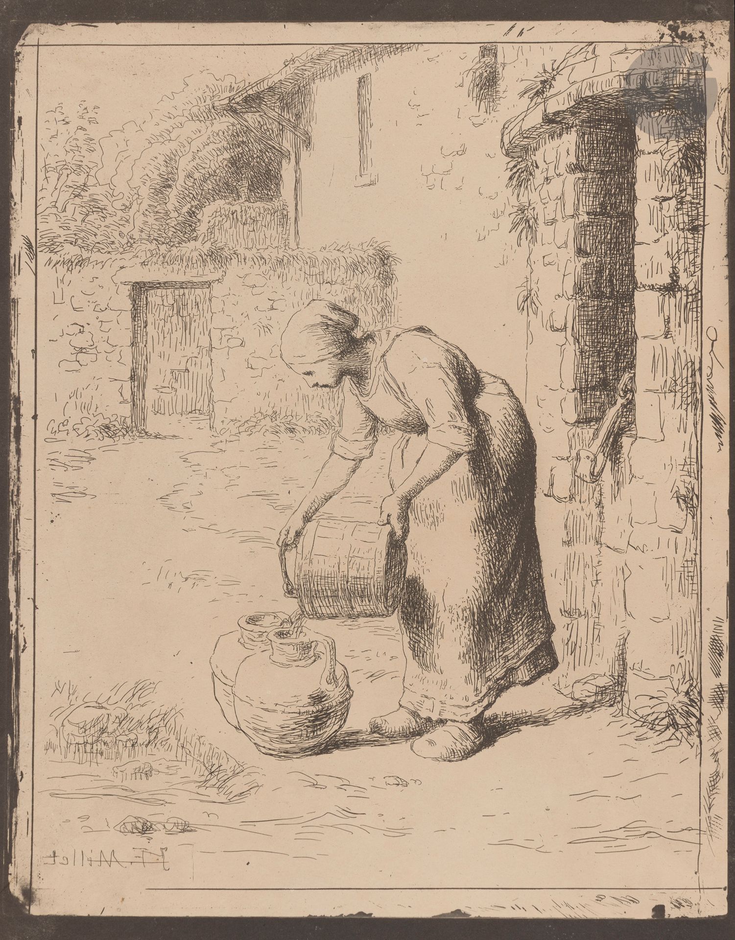 Jean-François Millet (1814-1875)
Woman emptying a bucket. 1862. Glass plate. 250x322. Delteil 28. A very fine proof printed in bistré black on thin buff wove paper, a test print prior to the run for Quarante clichés-glace de Corot, Daubigny, Delacroix, Millet, Rousseau tirés sur les plaques provenant de la Collection de M. Cuvelier, à Paris chez Maurice Le Garrec, 1921.