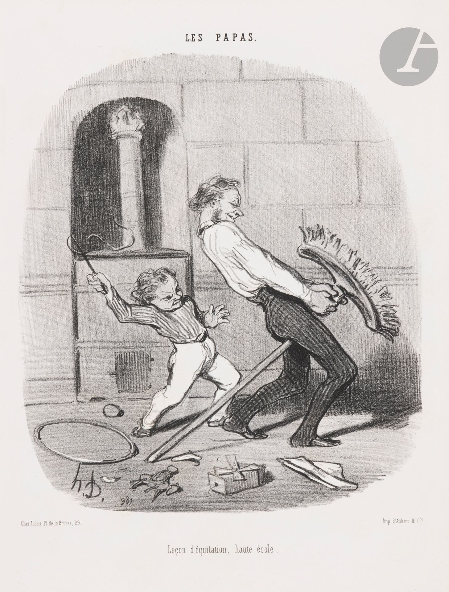 Honoré Daumier (1808-1879)
Les Papas. (Pl. 1 à 20, 22, 23). 1846-1849. 1846. Lithographie. Chaque feuille env. 275x355. Delteil 1568 à 1587, 1589 et 1590. Réunion de 22 épreuves (sur 23 – manquent les pl. 15 et 21, la 16 en double) sur vélin blanc. Le numéro gratté à certaines pl. Quelques rousseurs claires. Belles ou bonnes marges. Timbre de la coll. R. Gaston-Dreyfus à 14 pl., la dernière avec en outre le timbre G. Cognacq (Lugt 538d).
