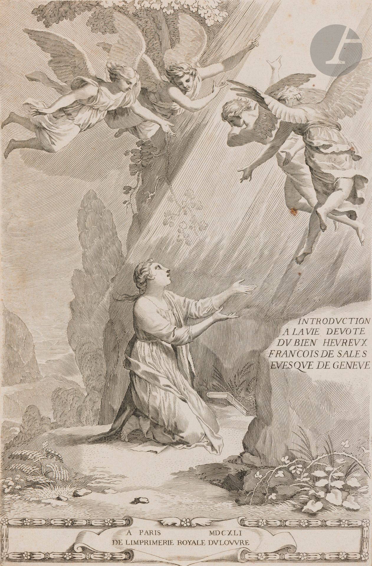 Claude Mellan (1598-1688)
Allégorie sur la Charité (?). Burin. 445x290. Préaud 255. Très belle épreuve sur vergé (filigrane: lettres B G de part et d’autre d’un cœur), les armes effacées mais encore visibles. Plis souples obliques dans la partie supérieure gauche. Petite amincissure en tête au verso. Bonnes marges. Joint: frontispice pour Saint François de Sales, Introduction à la vie dévote, Paris, Imprimerie royale, 1641. Burin (d’après Poussin ou Stella?). 206x316. Préaud 330. Belle épreuve sur vergé, rognée au sujet, collée par les angles sur feuillet de vergé. Quelques points de rouille, dont un plus marqué sous le genou replié de l’ange.