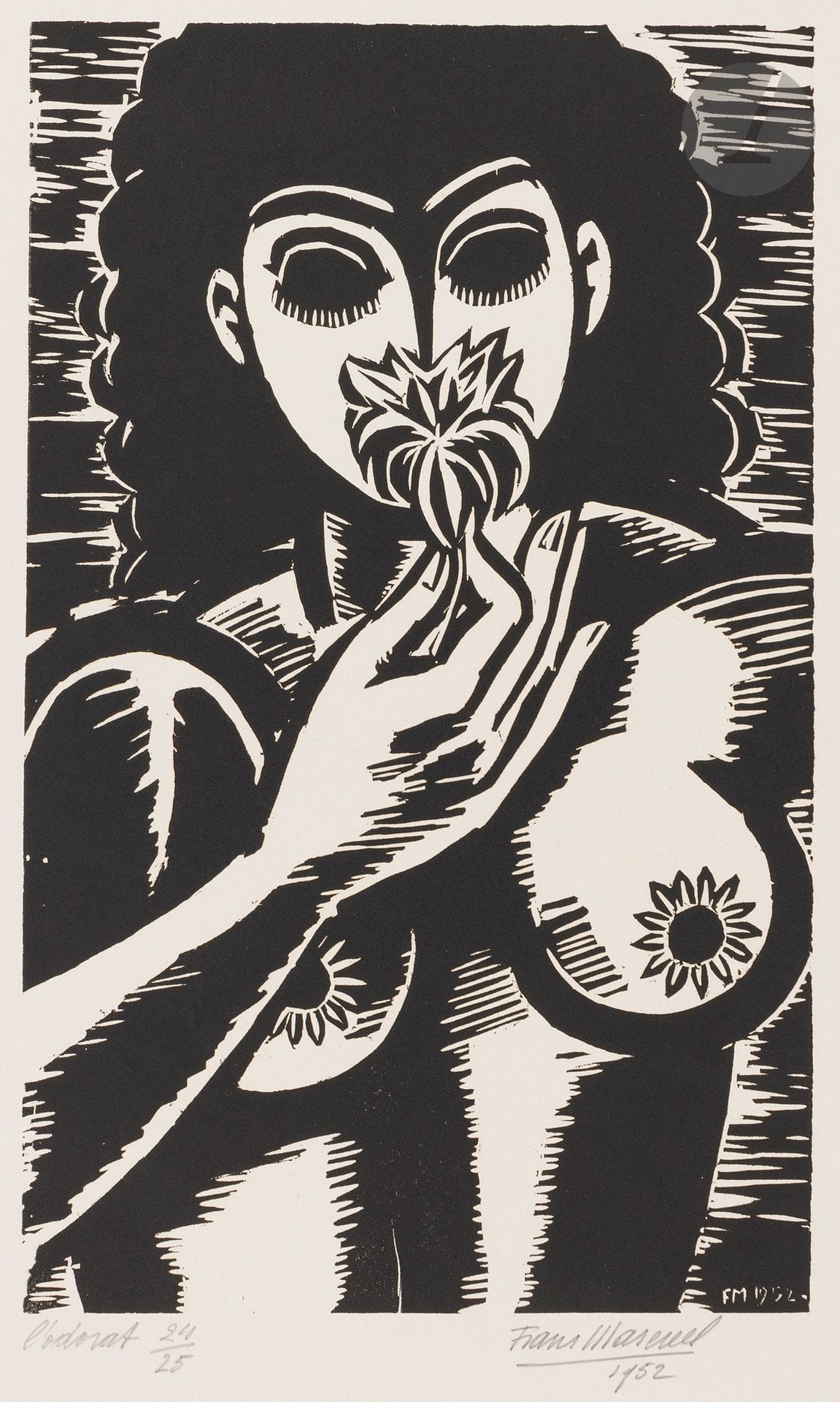 Frans Masereel (belge, 1889-1972)
L’Odorat. 1952. Bois gravé. 200x330. Très belle épreuve sur vélin ivoire, titrée, numérotée, signée et datée au crayon. Toutes marges. Tirage à 25 épreuves.