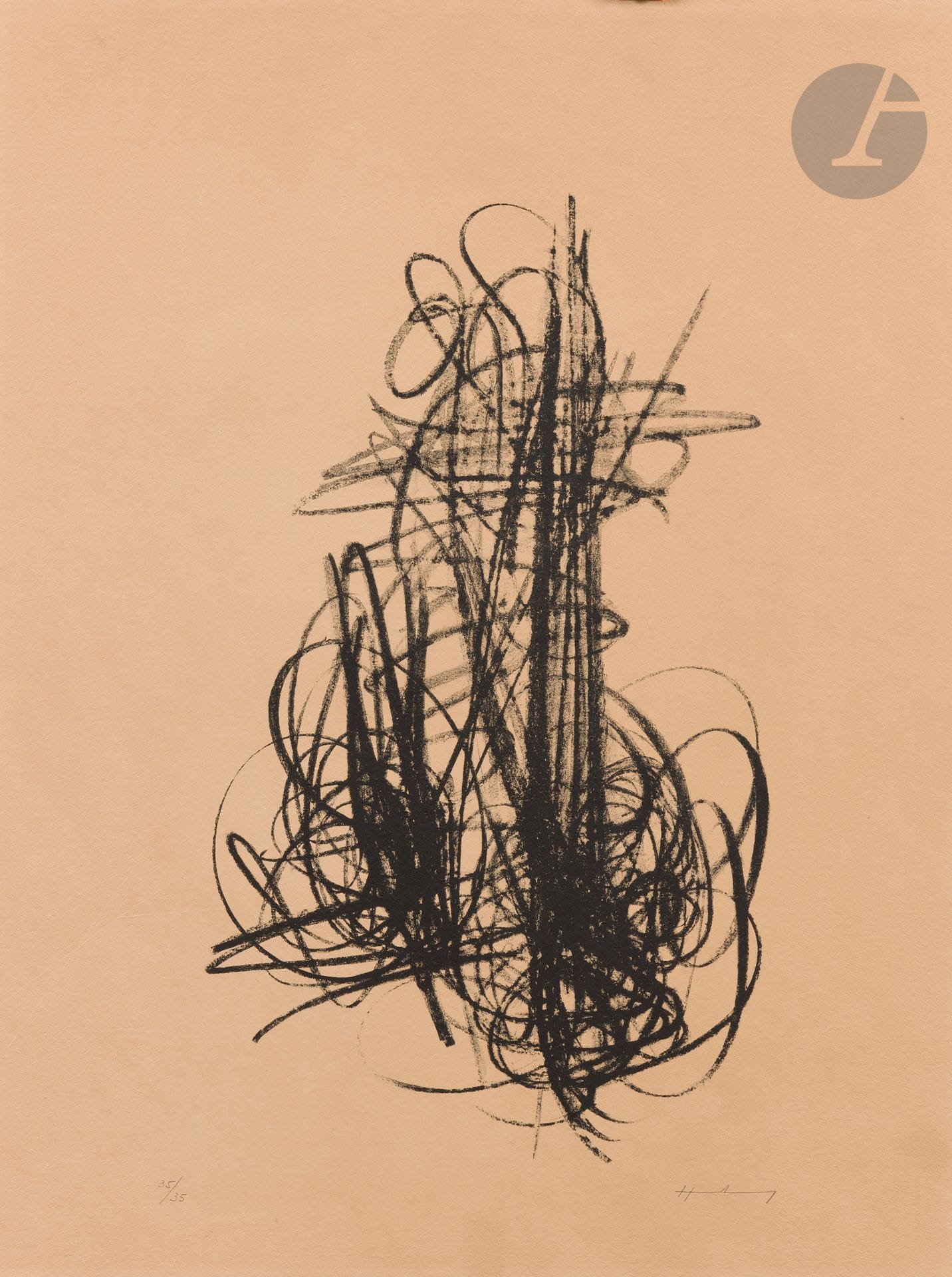 Hans Hartung (1904-1989)
L 52. 1958. Autographie. [500x650]. Mason 131. Belle épreuve sur vélin, numérotée et signée au crayon, fortement insolée. Bande de kraft gommé sur le pourtour au verso. Toutes marges. Tirage à 35 épreuves.
