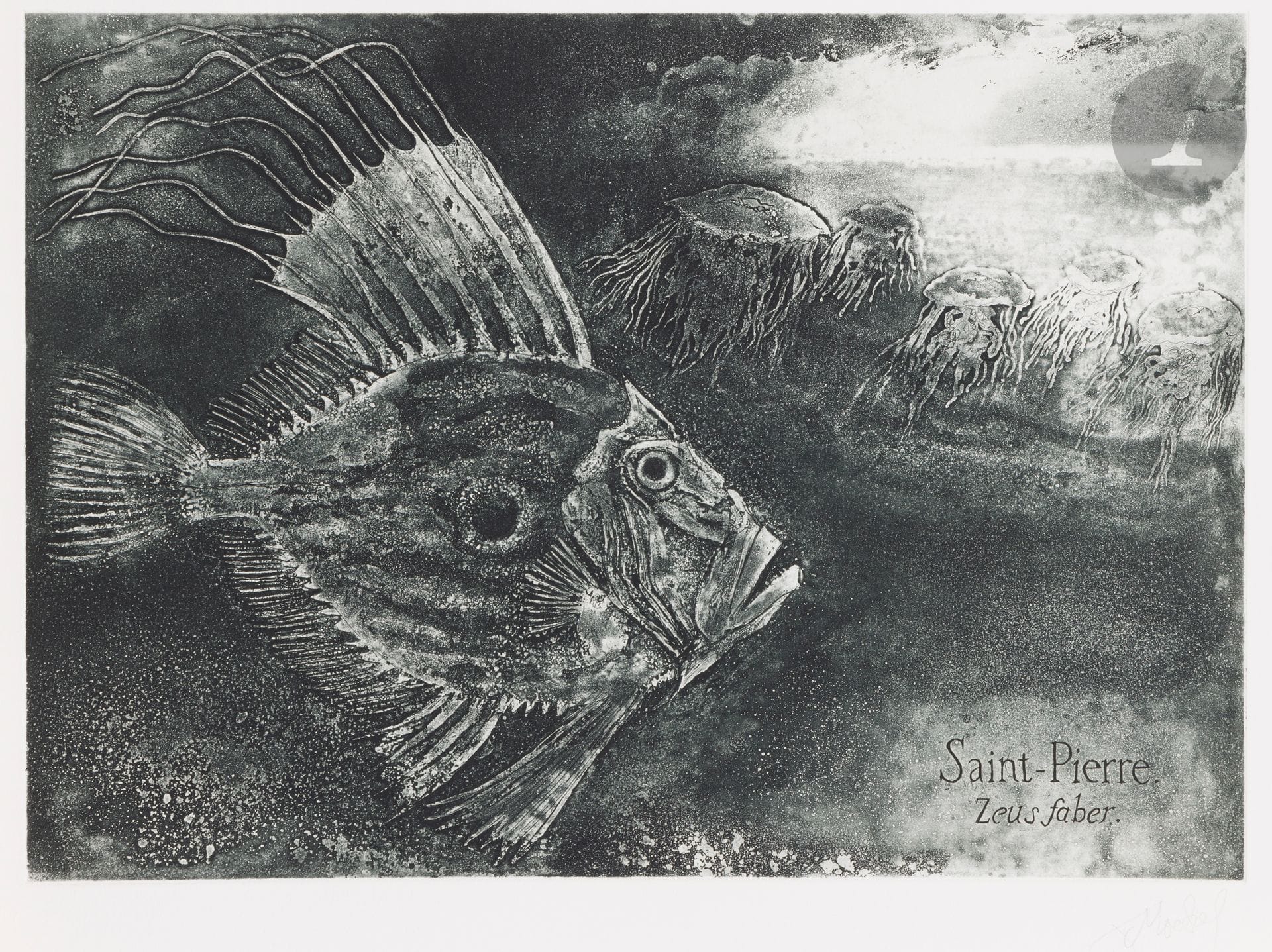 Francis Mockel (born 1940)
Marine Bestiary. Le Pouliguen, artist's home. 1983. One oblong vol. [535x395] containing the complete suite of 15 plates (including title and printer's proof). Etching and aquatint. Each [505x380]. Perfect proofs on white vellum, 13 signed in pencil. Edition's green cloth portfolio with flaps and engraving glued to the upper cover (slightly faded, with a halo of moisture on one flap).