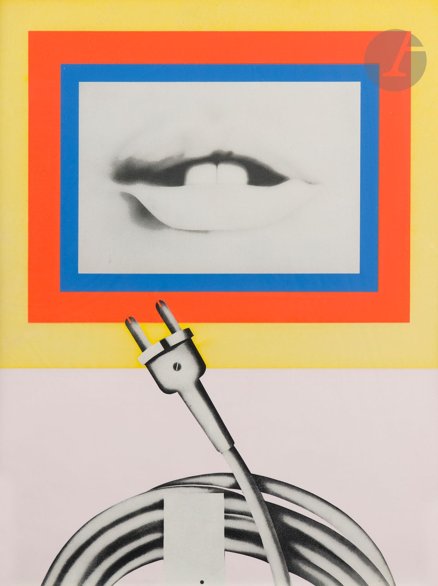 Peter Klasen (German, born 1935)
Mouth and male plug. 1969. Silkscreen in color. Sight: 490x640. Fine proof on white vellum, numbered and signed in pencil. Full margins. Edition of 15 proofs. Framed.