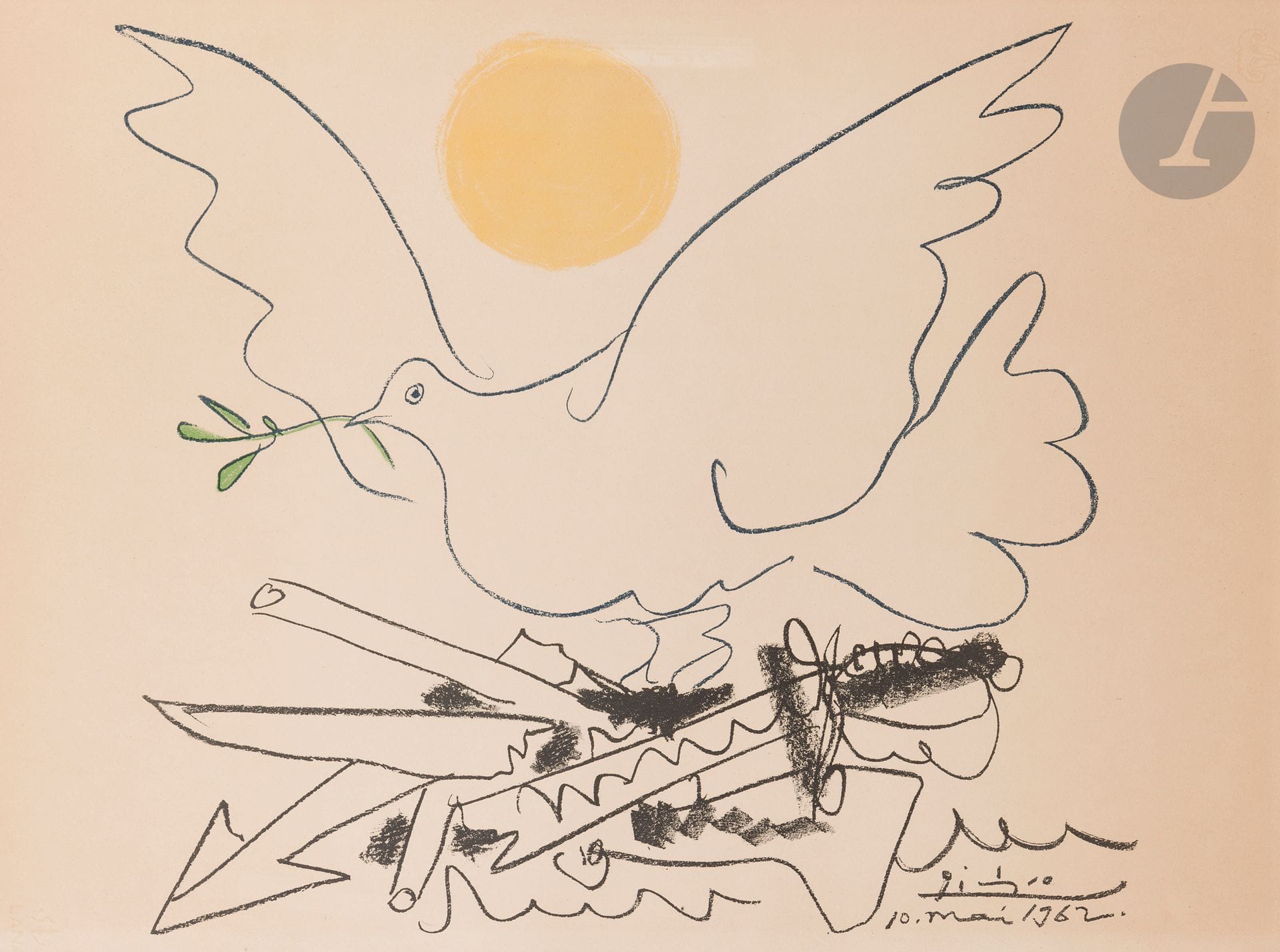 Pablo Picasso (1881-1973) (d’après)
La Colombe de la paix. 1962. Lithographie. [763x560]. Impression en couleurs. Belle épreuve sur vélin crème, insolée, avec petites traces blanchâtres dans le soleil et bande brunâtre aux bords du feuillet. Épidermures et traces de colle en tête au verso. Toutes marges.