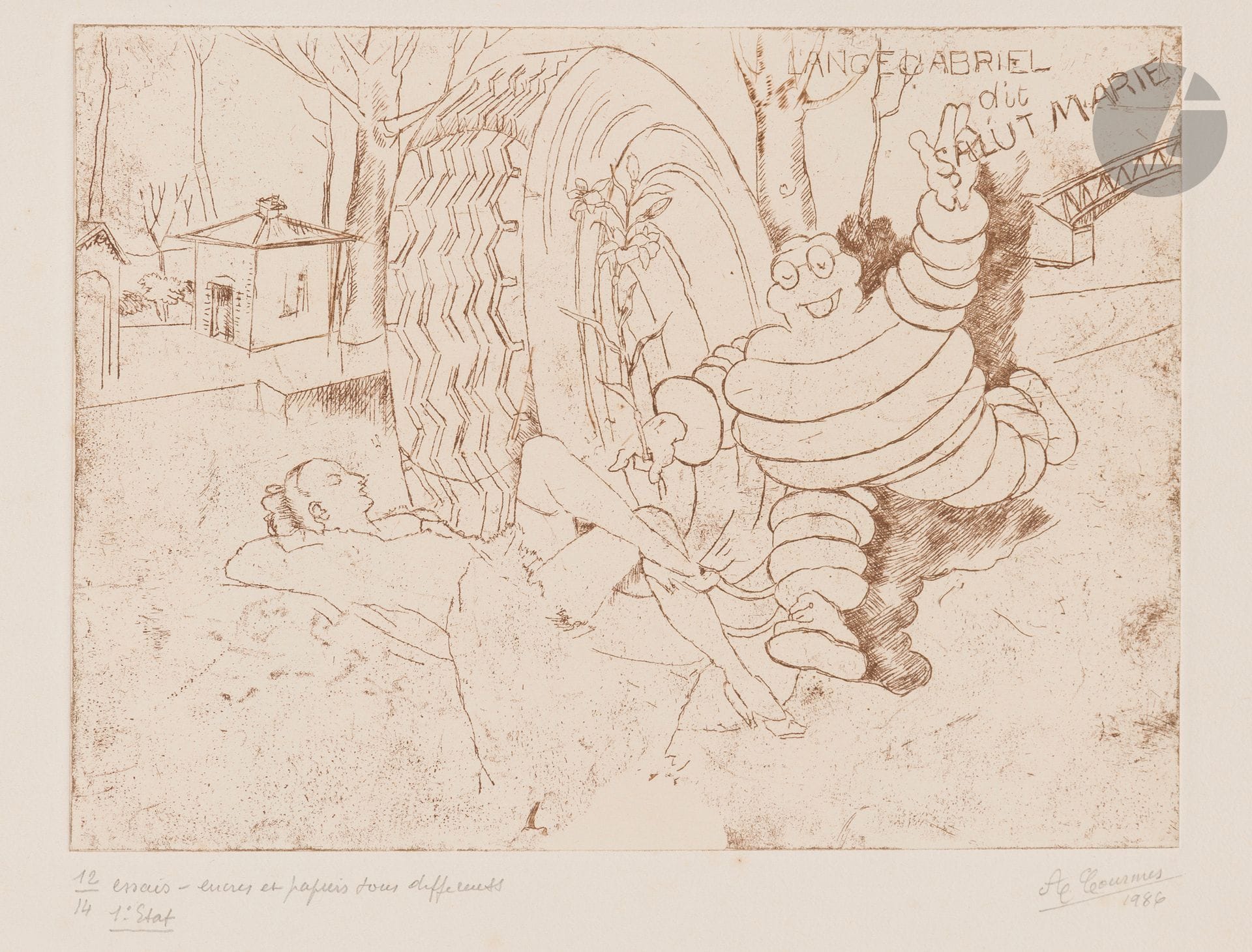 Alfred Courmes (1898-1993)
L’Ange Gabriel dit Salut Marie. 1986. Eau-forte. 235x177. Impression en brun. Très belle épreuve sur vélin ivoire, annotée au crayon «12/14 essais – encres et papiers tous différents/1e Etat», numérotée et signée au crayon. Toutes marges.
