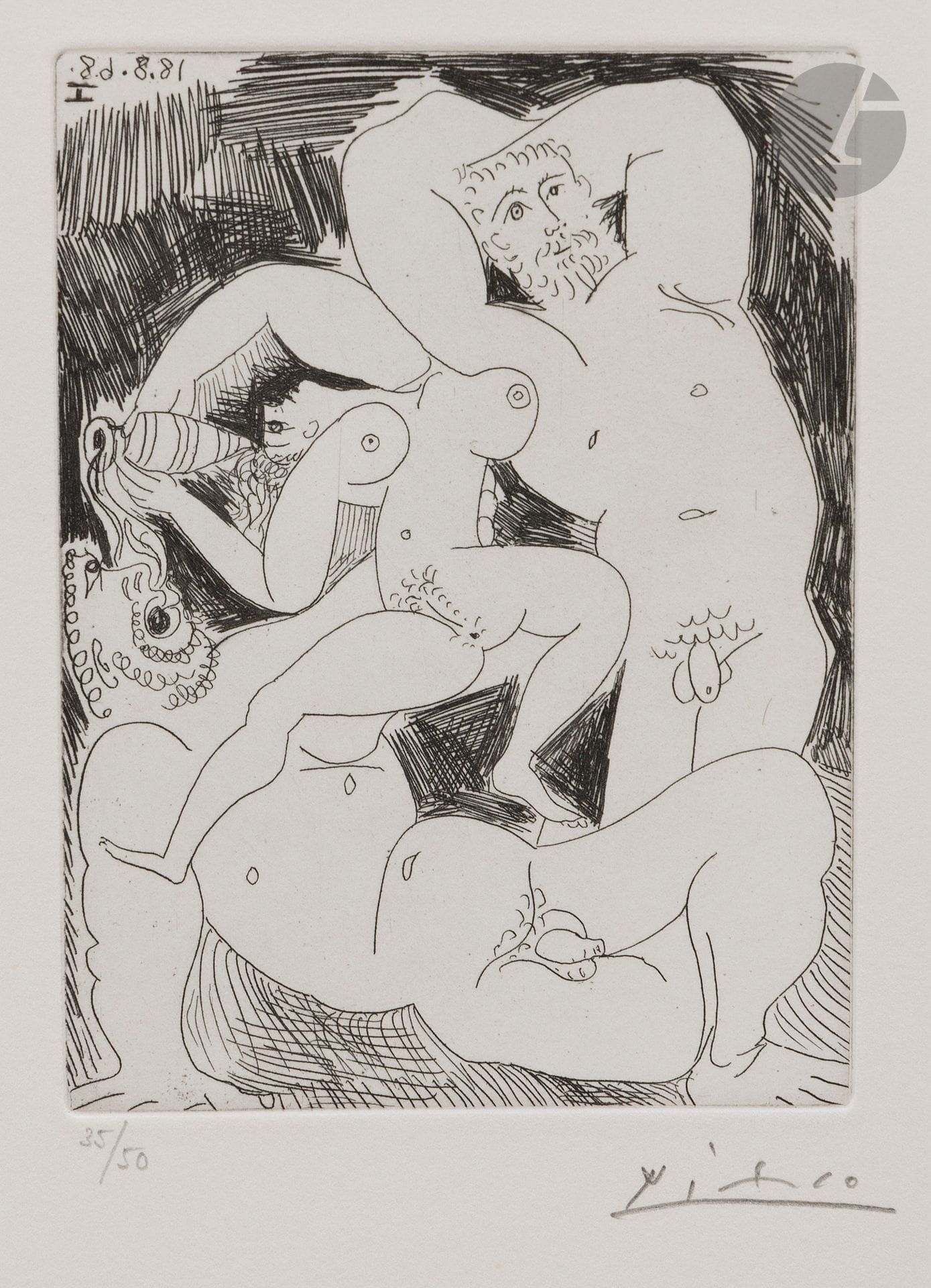 Pablo Picasso (1881-1973)
Pourvu qu’on ait l’ivresse... (Les 347, pl. 282). 18 août 1968. Eau-forte. 85x115. Bloch 1762; Baer 1779. Parfaite épreuve sur vélin crème, numérotée et signée au crayon. Toutes marges. Tirage à 50 épreuves. Galerie Louise Leiris éd.