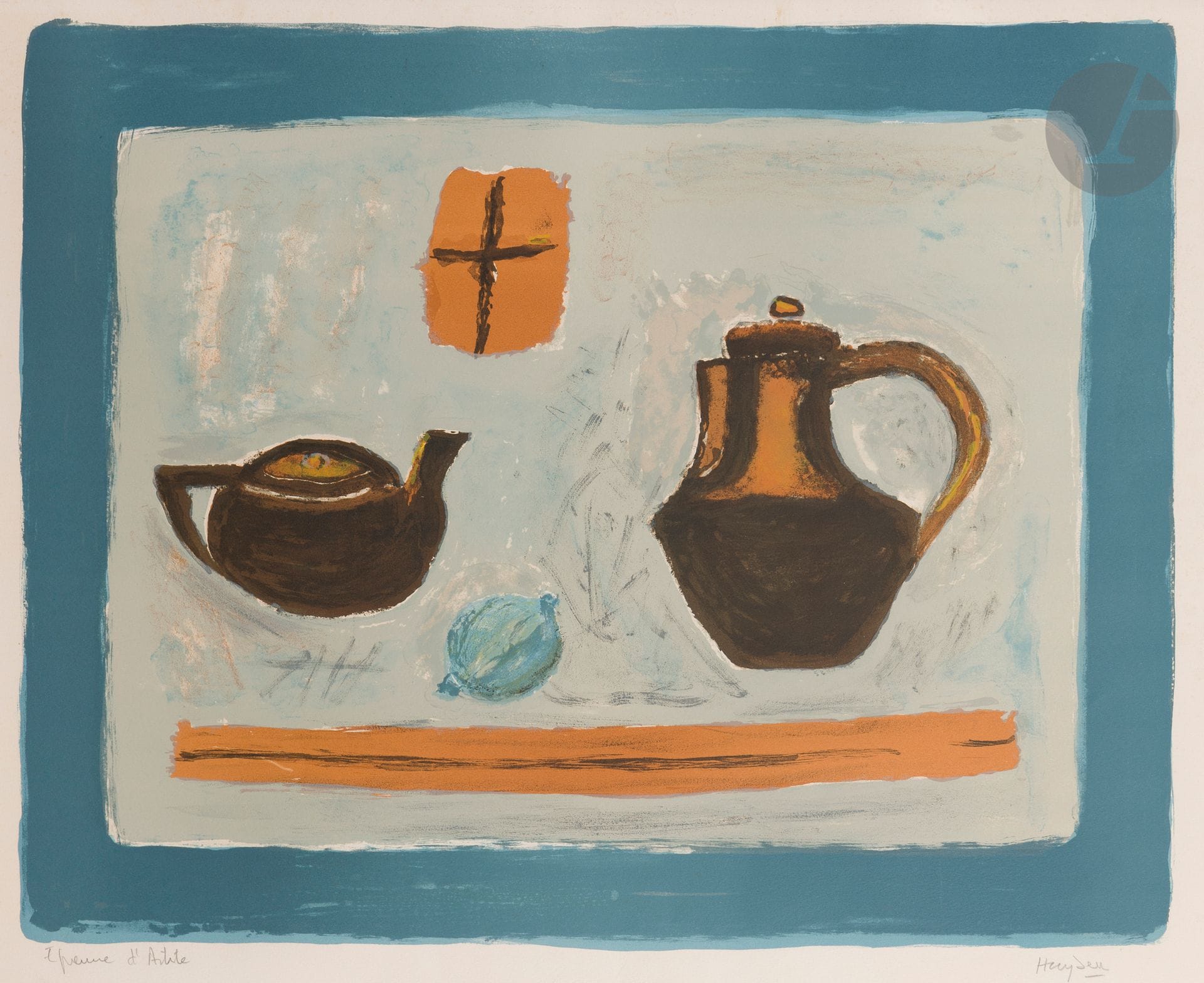 Henri Hayden (franco-polonais, 1883-1970) 
Nature morte avec verseuse et théière. 1968. Lithographie. À vue: 665x530. Impression en couleurs. Belle épreuve sur vélin crème, justifiée au crayon «Epreuve d’artiste» et signée. Marges. Tirage définitif à 175 épreuves. Cadre.