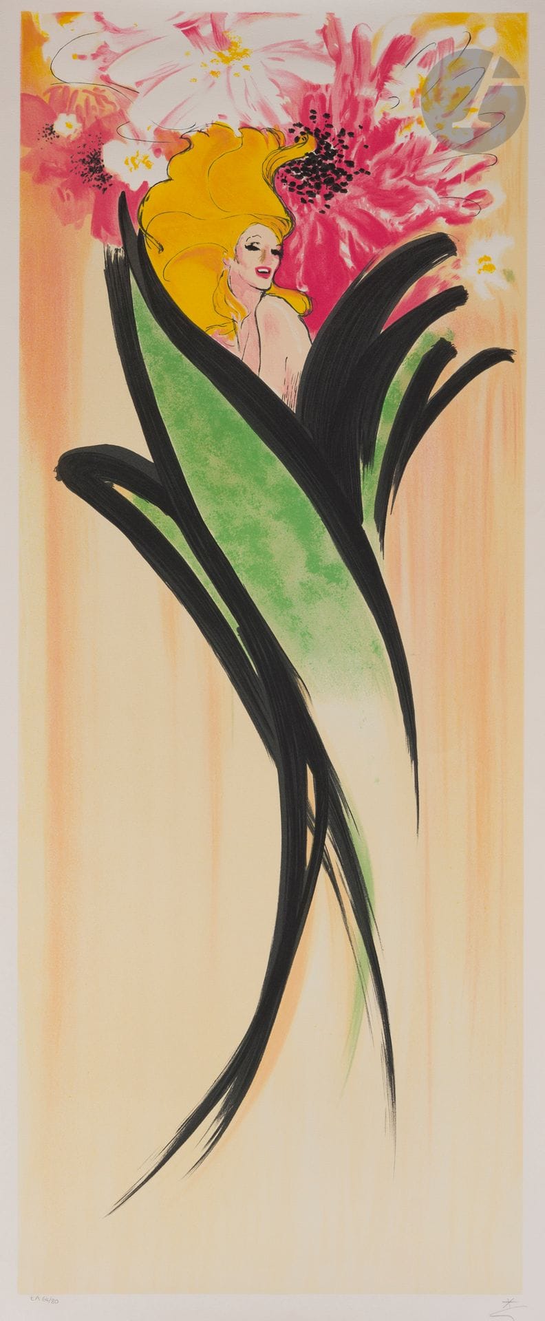 René Gruau (1909-2004) 
Femme-fleur. Lithographie. [520x1170]. Impression en couleurs. Parfaite épreuve sur vélin blanc, justifiée au crayon «EA», numérotée et signée. Toutes marges. Tirage à 80 épreuves. Timbre sec: Mourlot Paris.