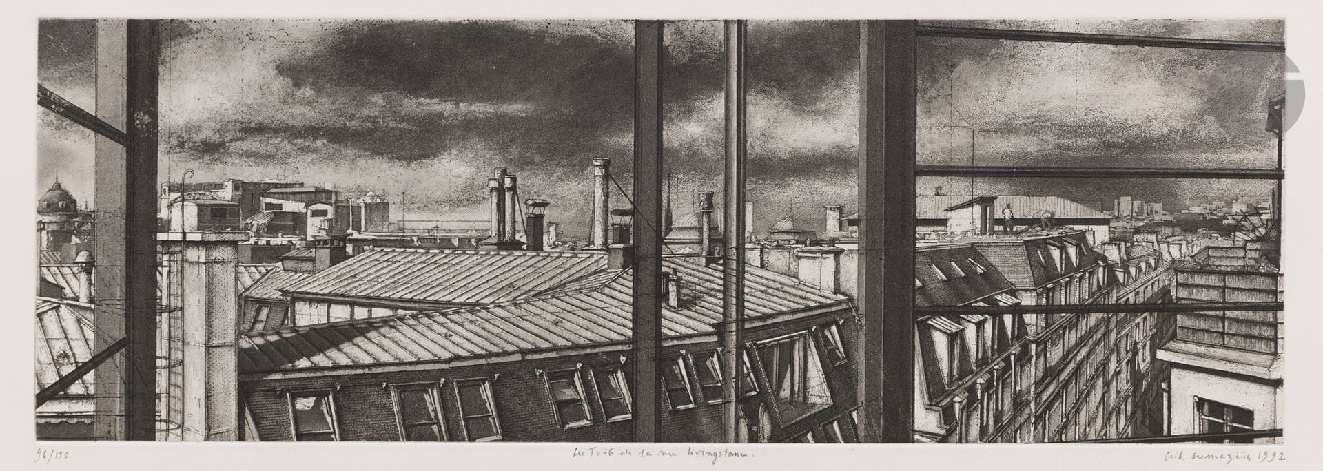 Érik Desmazières (né en 1948) 
Les Toits de la rue Livingstone. 1991. Eau-forte, aquatinte et roulette. 445x148. Fitch 133. Très belle et fraîche épreuve sur vélin blanc, numérotée, titrée, signée et datée au crayon. Toutes marges. Tirage à 150 épreuves.