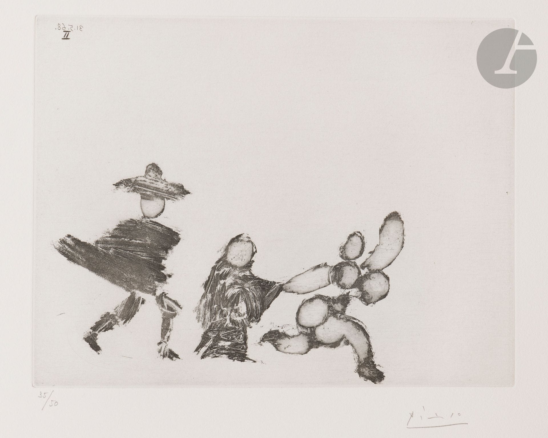 Pablo Picasso (1881-1973)
Jeune fille fuyant, avec la Célestine et un jeune homme. (Les 347, pl. 132). 31 mai 1968. Eau-forte. 254x196. Bloch 1612; Baer 1628. Parfaite épreuve sur vélin crème, numérotée et signée au crayon. Toutes marges. Tirage à 50 épreuves. Galerie Louise Leiris éd.