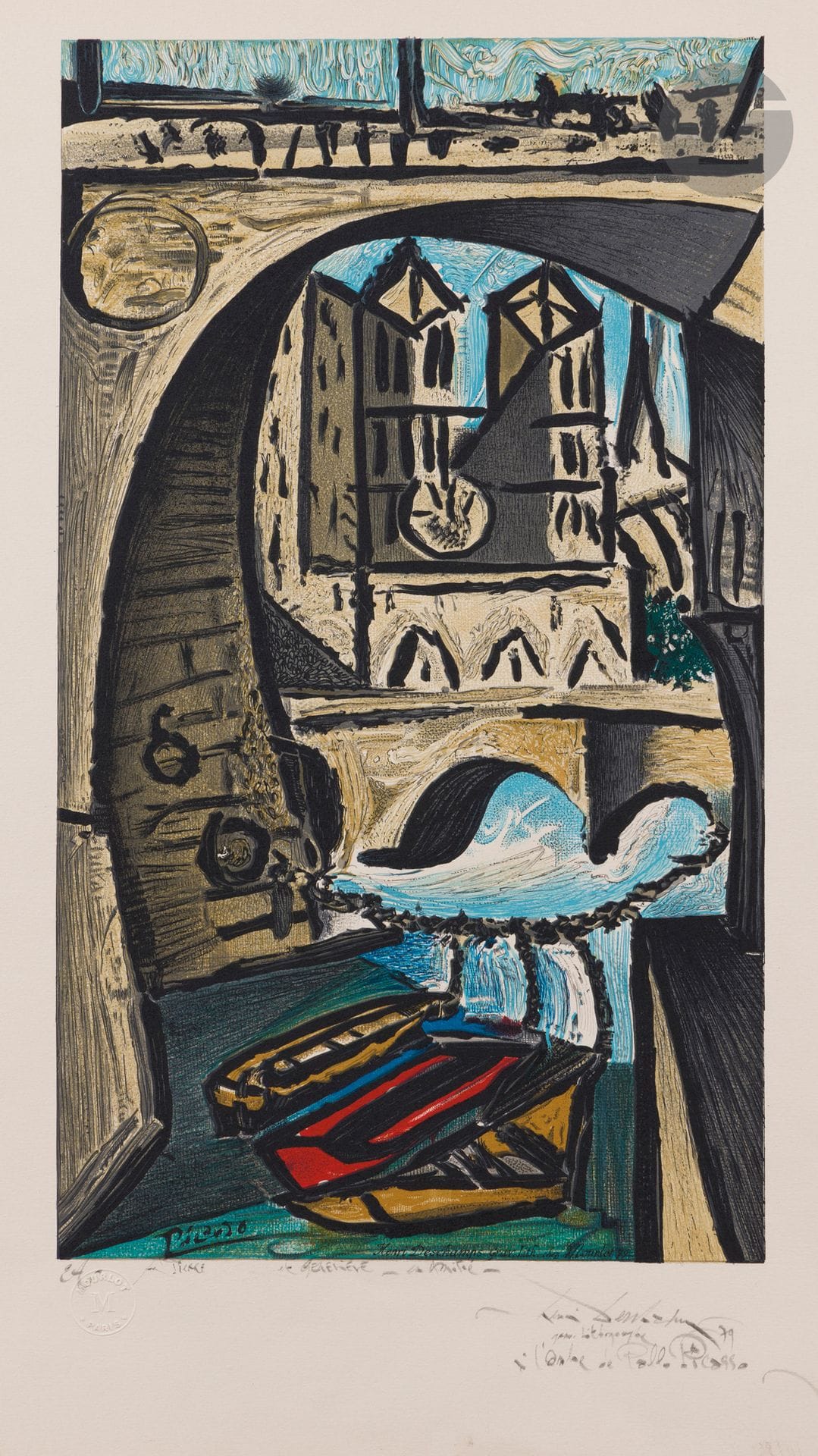 Pablo Picasso (1881-1973) (d’après) 
La Seine et Notre-Dame. 1979. Lithographie par Henri Deschamps. 262x460. Impression en couleurs. Très belle épreuve sur vélin crème, justifiée «EA», dédicacée (le patronyme effacé), signée «Henri Deschamps/grav. lithographe/à l’ombre de Pablo Picasso» et datée au crayon. Légère oxydation aux bords du feuillet. Petites salissures et traces d’encre marginales. Toutes marges. Timbre sec: Mourlot Paris.