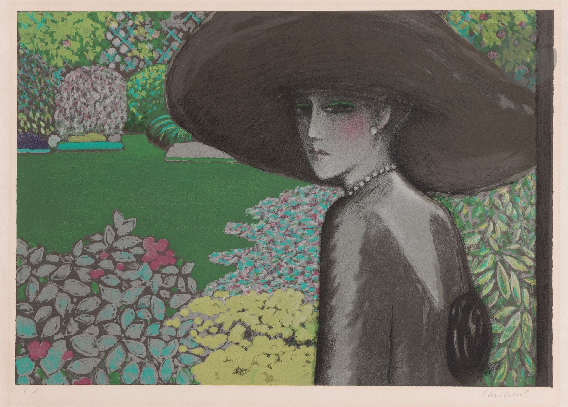 Jean-Pierre Cassigneul (born 1935)
The Silent Garden. 1980. Lithograph. 650x445. Passeron 240, printed in color. Fine proof on vellum, justified "E.A." and signed in pencil. Oxidation around the subject. Minor accidents and handling creases at the edges of the sheet. Long strip of oxidized adhesive, with epidermis, at head on verso. Full margins. Final print run of 150 proofs.