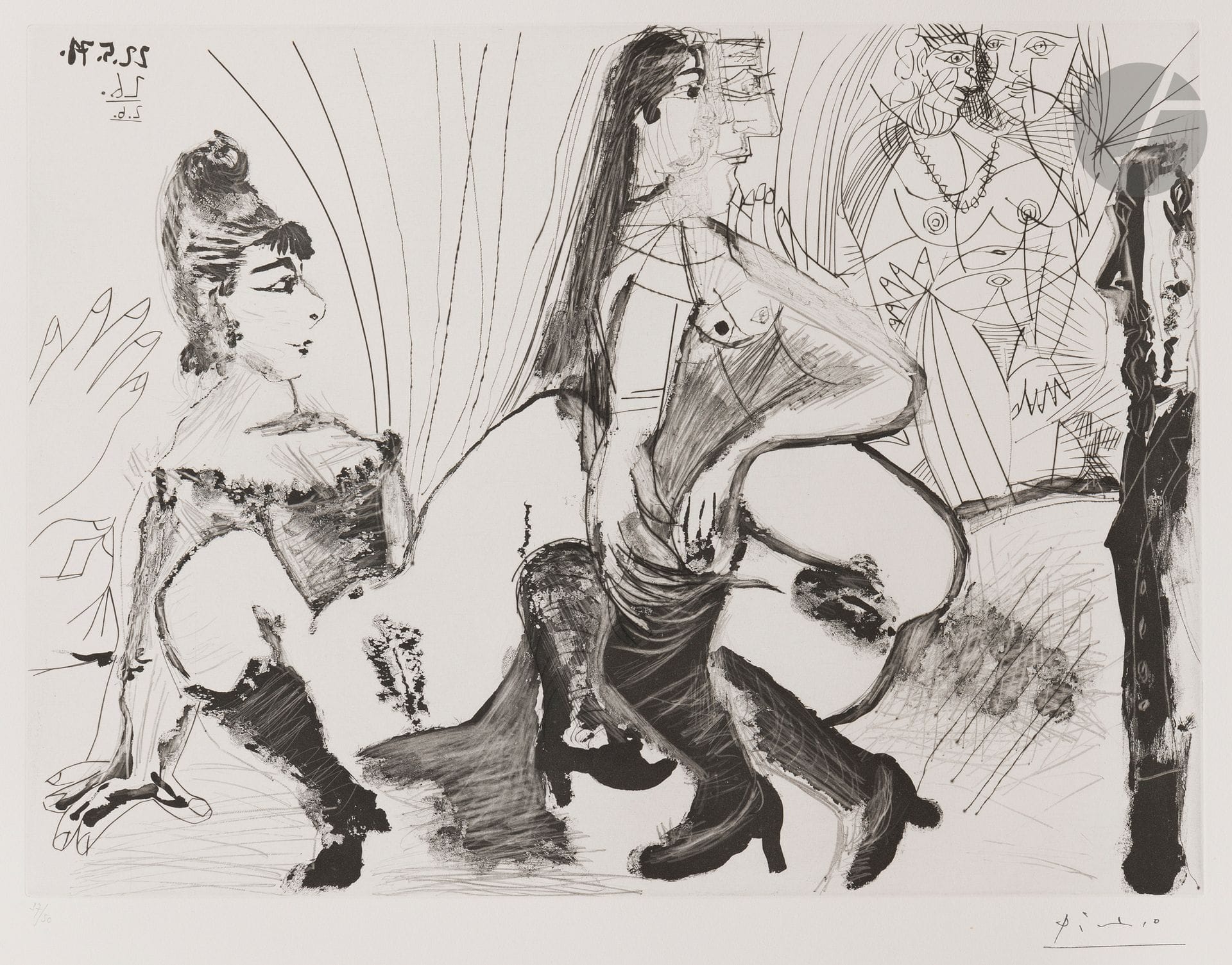 Pablo Picasso (1881-1973)
Degas paie et s’en va. Les filles ne sont pas tendres. (Les 156, pl. 133). 22 mai-7 juin 1971. Aquatinte au sucre, grattoir et pointe sèche. 490x365. Bloch 1988 ; Baer 1998. Parfaite épreuve sur vélin crème, numérotée au crayon et revêtue du timbre de la signature (Lugt 2026e). Toutes marges. Tirage à 50 épreuves. Galerie Louise Leiris éd. (1978).