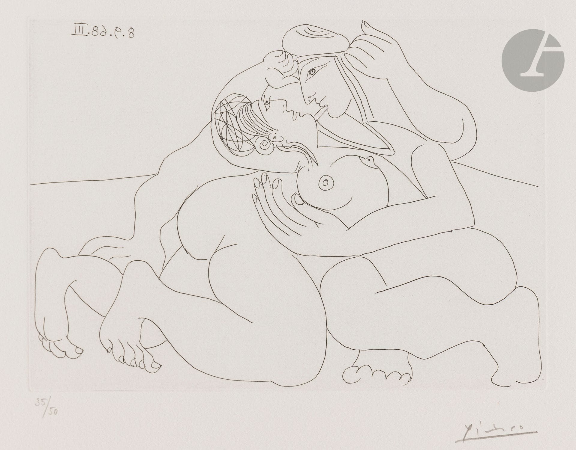 Pablo Picasso (1881-1973)
Raphael and Fornarina XXIII: alone, embracing on the ground (Les 347, pl. 318). September 8, 1968. Etching. 205x165. Bloch 1798; Baer 1815. Perfect proof on cream vellum, numbered and signed in pencil. Full margins. Edition of 50 proofs. Galerie Louise Leiris éd.