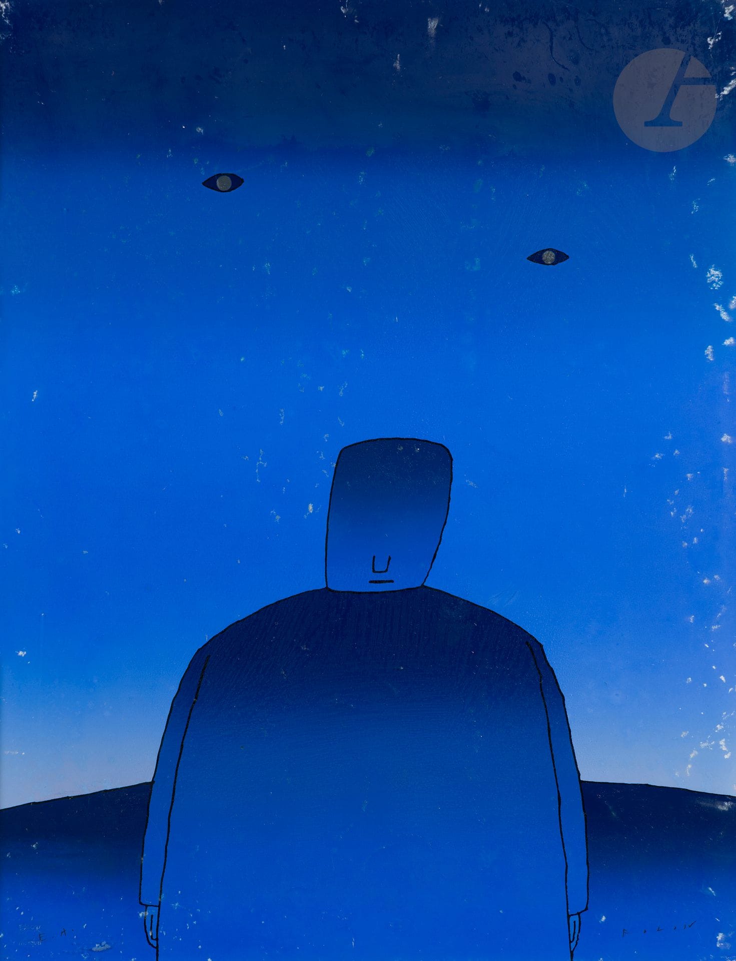Jean-Michel Folon (1934-2005)
Homme sans yeux. Vers 1970. Lithographie. [495x645]. Impression en couleurs. Bonne épreuve sur vélin, justifiée «E.A.» et signée au feutre noir. Nombreuses traces blanches de moisissure en surface, notamment au bord droit. Timbre sec: Éditions Marquet. Toutes marges. Tirage définitif à 300 épreuves. Cadre.