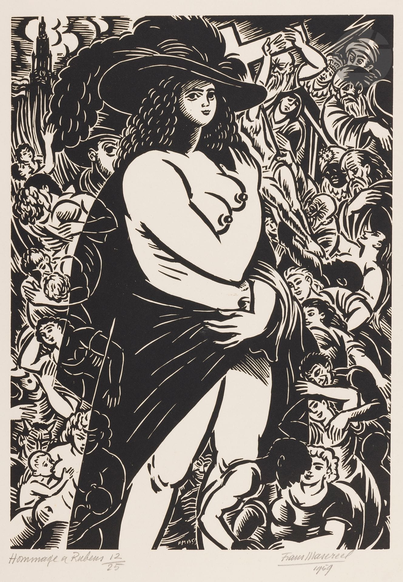 Frans Masereel (belge, 1889-1972)
Hommage à Rubens. 1959. Bois gravé. 320x450. Très belle épreuve sur vélin ivoire, titrée, numérotée, signée et datée au crayon. Toutes marges. Tirage à 25 épreuves.
