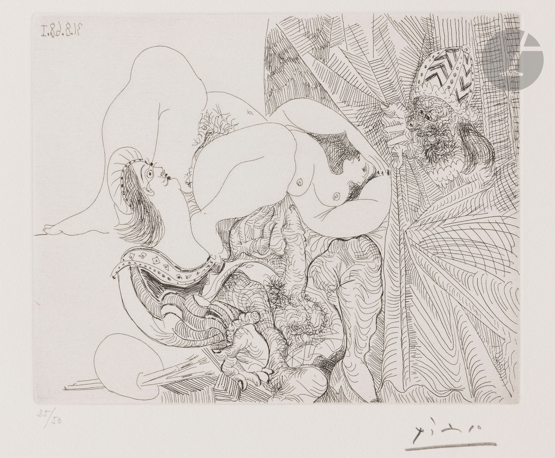 Pablo Picasso (1881-1973)
Raphaël et la Fornarina III: avec le pape en voyeur caché. (Les 347, pl. 298). 31 août 1968. Eau-forte. 205x165. Bloch 1778; Baer 1795. Parfaite épreuve sur vélin crème, numérotée et signée au crayon. Toutes marges. Tirage à 50 épreuves. Galerie Louise Leiris éd.