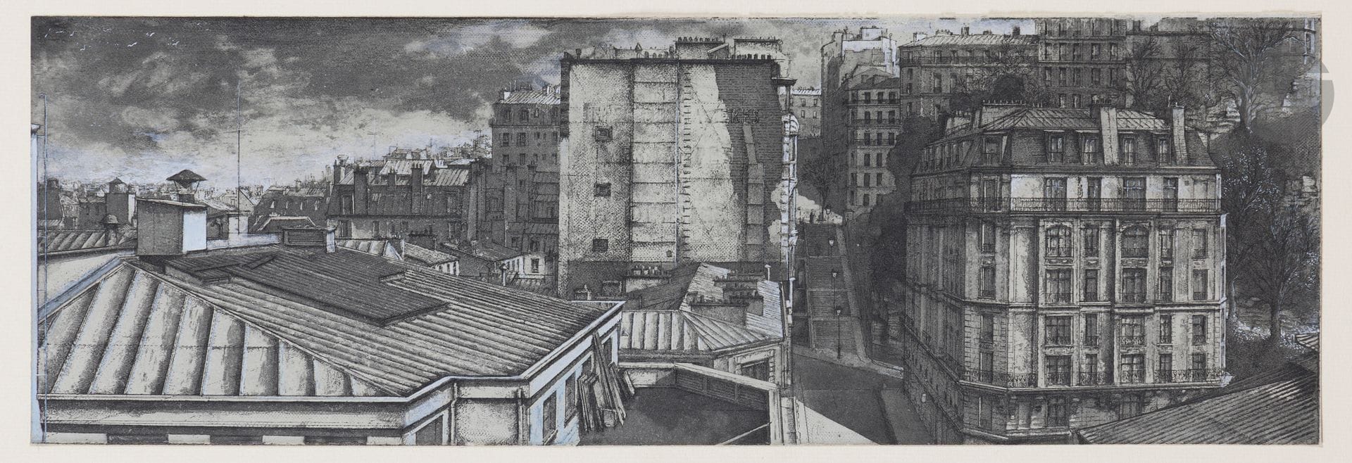 Érik Desmazières (born 1948) 
Greeting card and change of address. 1990.etching, roulette and aquatint. [445x148]. Fitch 122. Very fine proof on azure laid paper, from the final state, the letter erased, with white gouache highlights, without margins, glued by the edges on cardboard.