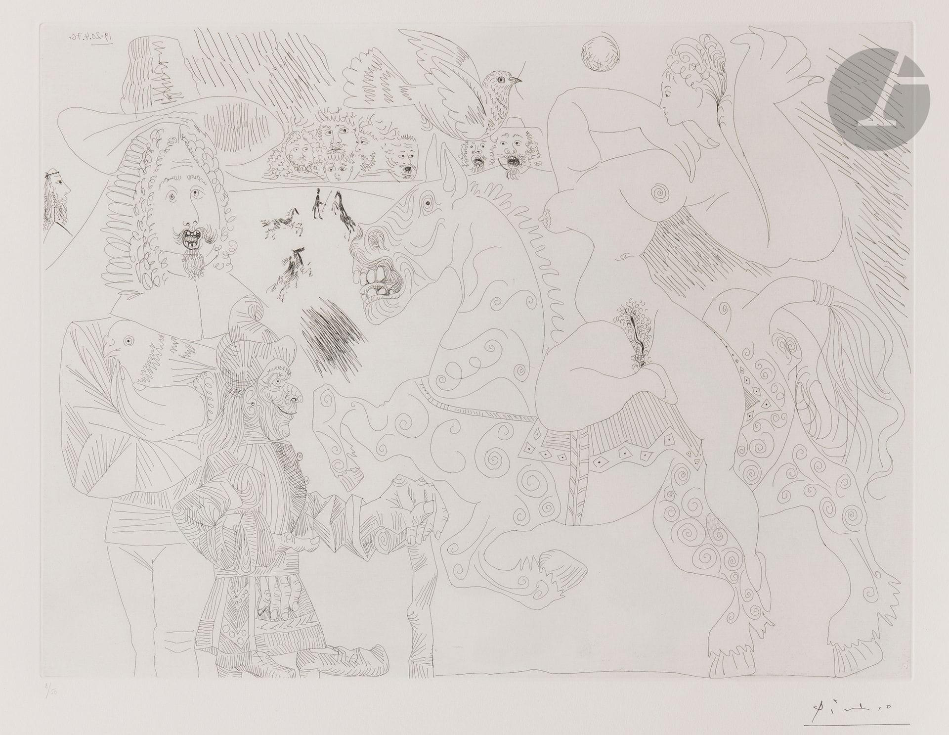 Pablo Picasso (1881-1973)
Dressage at the circus, with horsewoman, magician, falconer and Noah's dove in the foreground (Les 156, pl. 36). April 19-20, 1970. Etching. 486x365. Bloch 1891; Baer 1897. Very fine proof on cream vellum, numbered in pencil and stamped with the signature (Lugt 2026e). Short vertical broken creases along the upper lateral edges of the folio, with minor reddish soiling and a band of very light dusting. Full margins. Edition of 50 proofs. Galerie Louise Leiris éd. 1978.