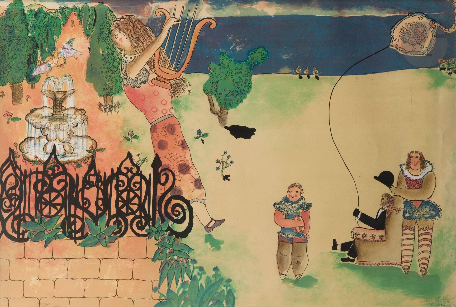 Cícero Dias (brésilien, 1907-2003)
Près de la fontaine. Vers 1985. Lithographie. À vue: 955x645. Impression en couleurs. Belle épreuve sur vélin, annotée «Bon à tirer» et signée au crayon. Cadre.