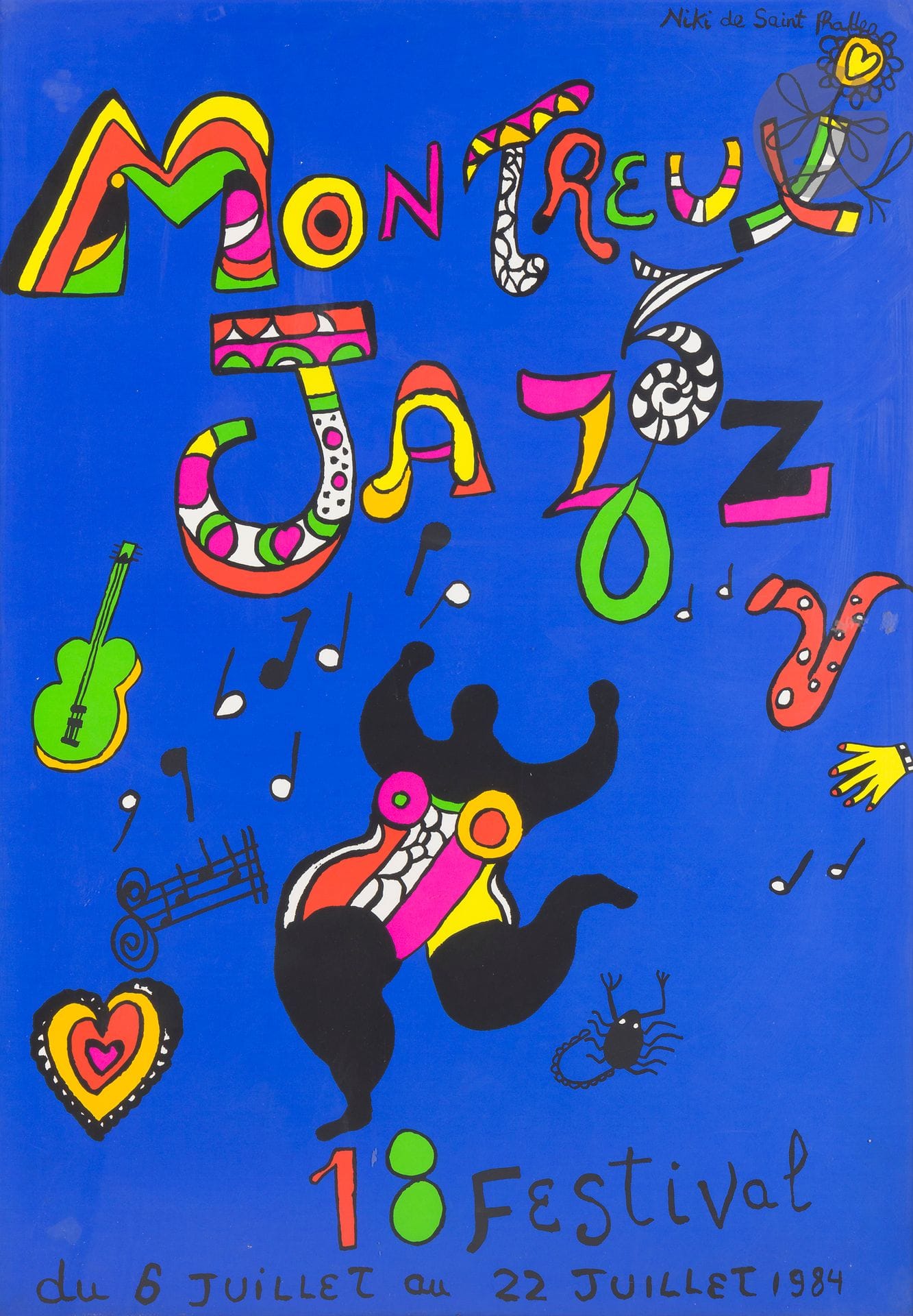 Niki de Saint-Phalle (1930-2002) (d’après)
Montreux Jazz Festival. Affiche. 1984. Sérigraphie en couleurs. À vue: 685x985. Belle épreuve sur vélin. Fines traces de plis au bord droit du feuillet. Cadre.