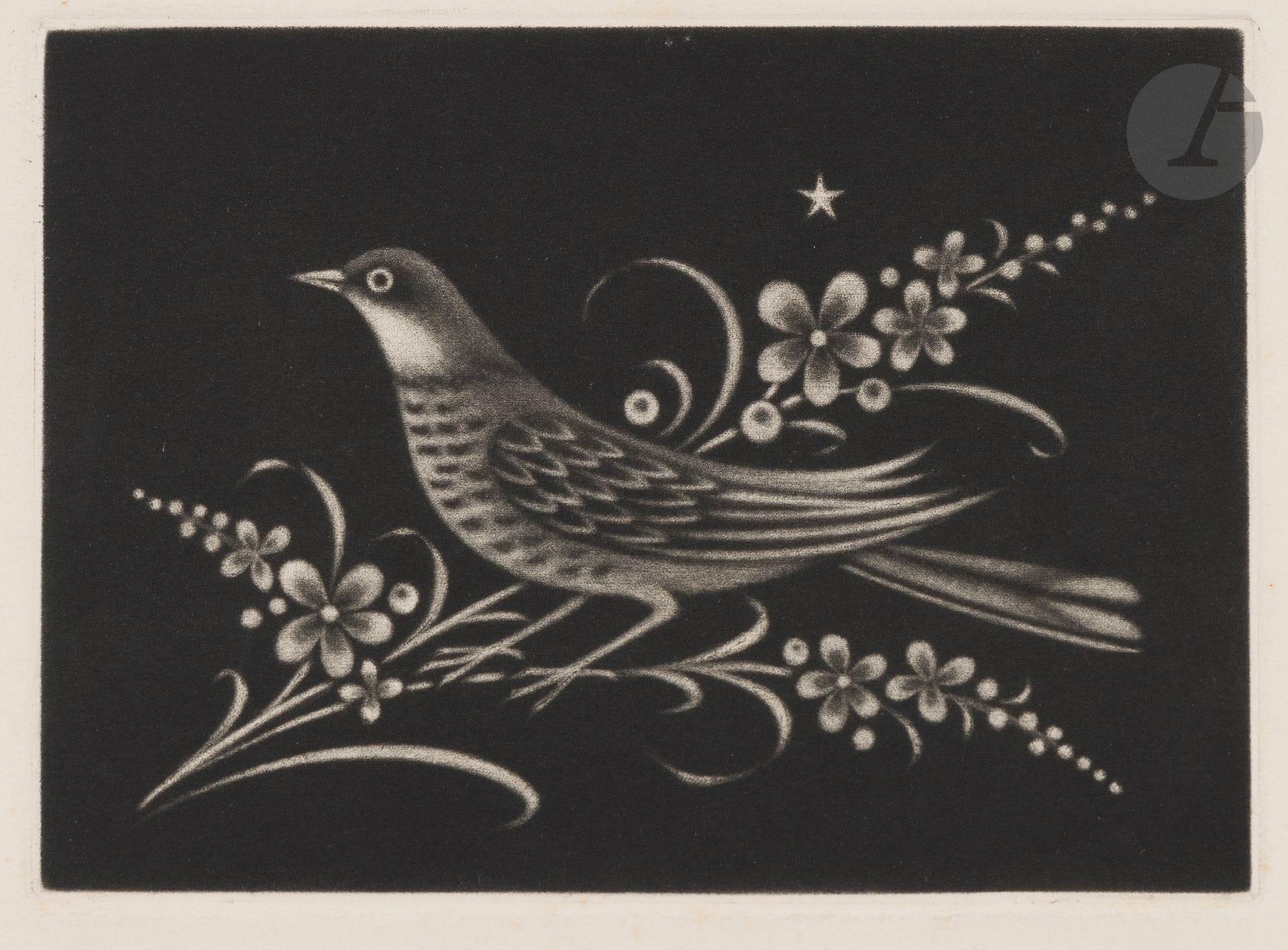 Kiyoshi Hasegawa (japonais, 1891-1980)
Oiseau sur une fleur de lumière. Carte de vœux pour la galerie Sagot-Le Garrec. 1964. Manière noire. 140x104. Reifushobo 630. Épreuve tirée sur le plat supérieur d’un feuillet remplié, avec texte imprimé à l’intérieur. Légère trace d’oxydation autour du sujet.